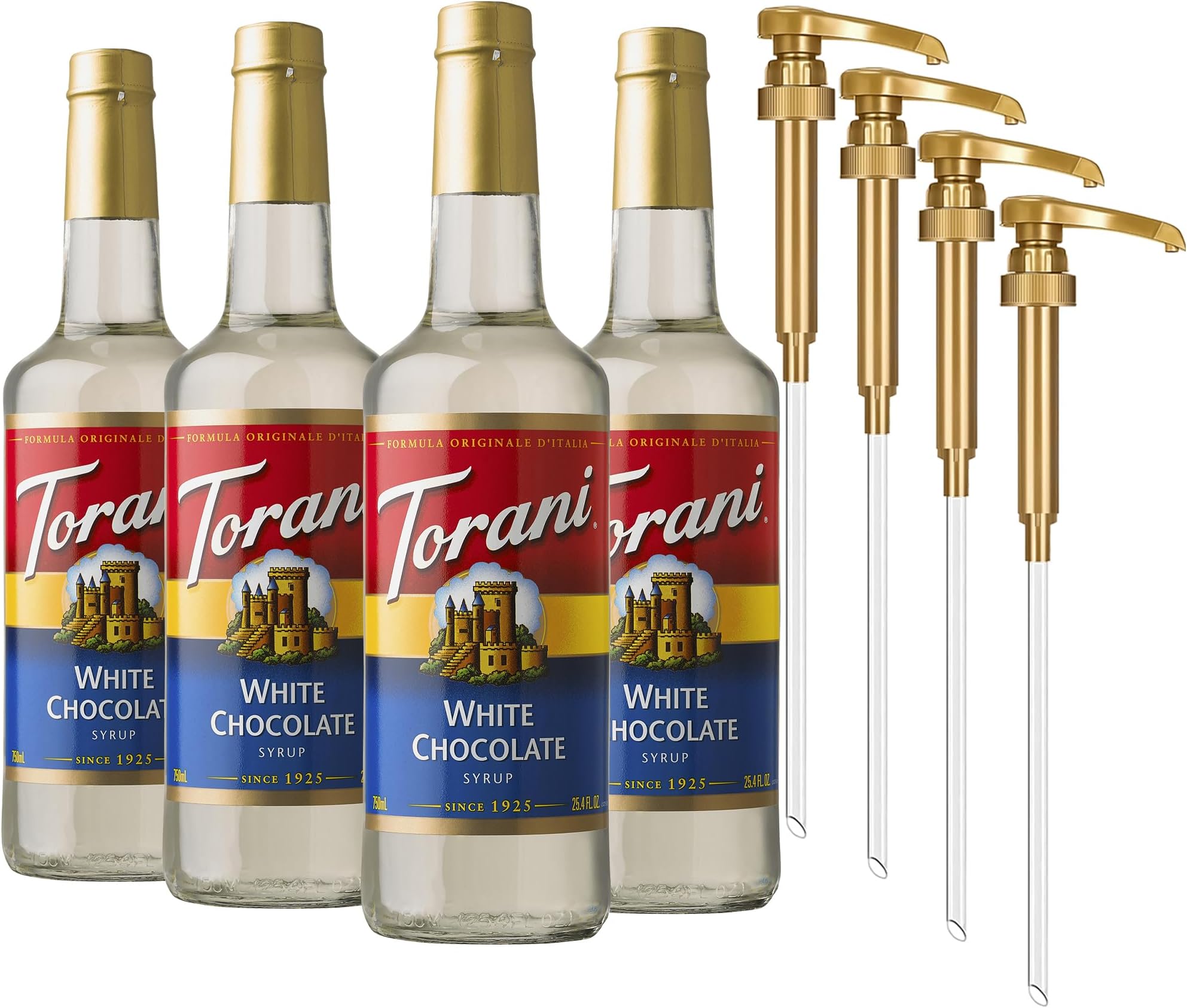 Coffee Syrup, White Chocolate Flavored Syrup for Drinks, Glass Bottle 4-Pack, Pumps Included, 25.4 Fl Oz Ea