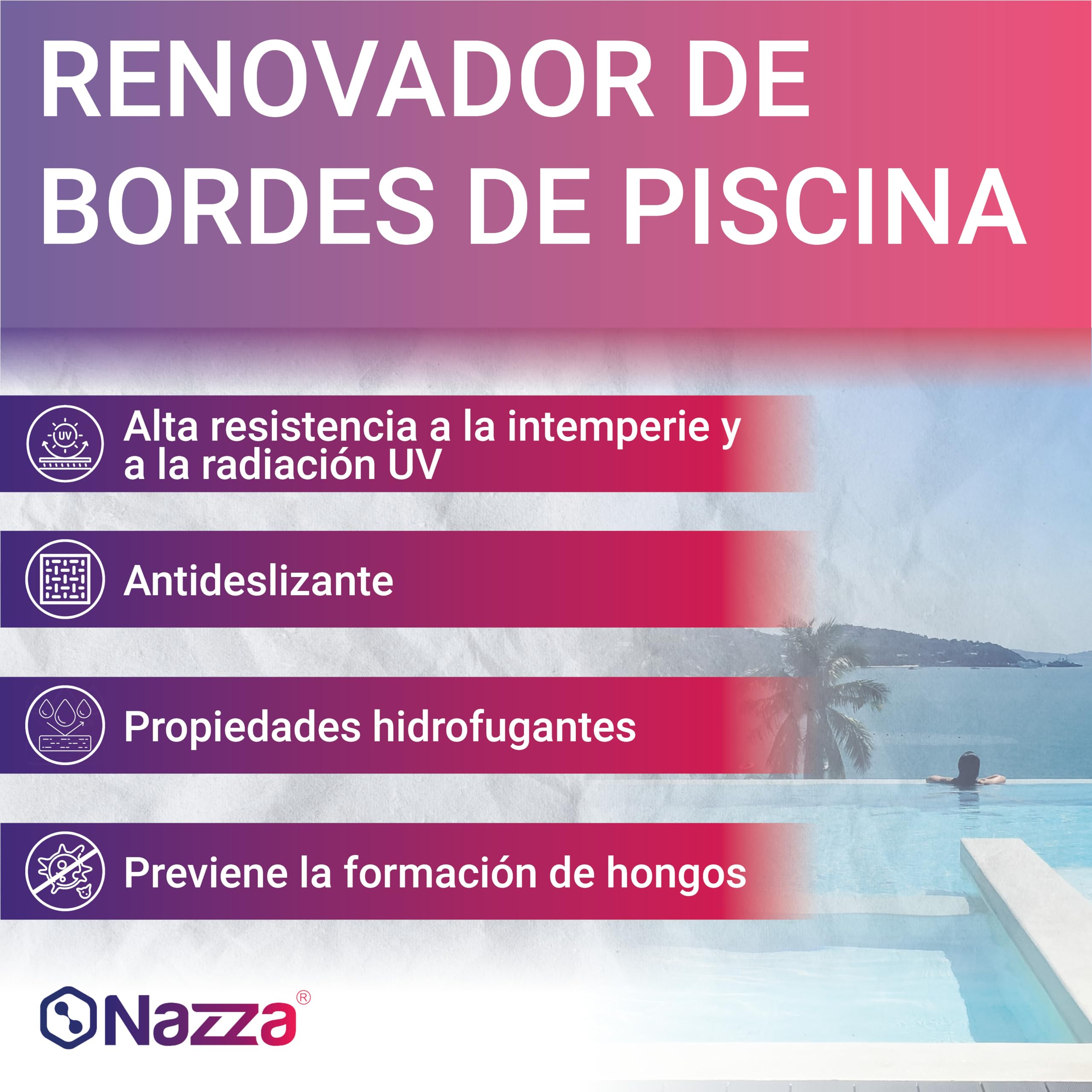 Nazza Renovador de Bordes de Piscina - Respetuosa con el medio ambiente - Pintura para Bordes de Piscina al Agua - Blanco 4L - Mantiene la capacidad antideslizante del soporte