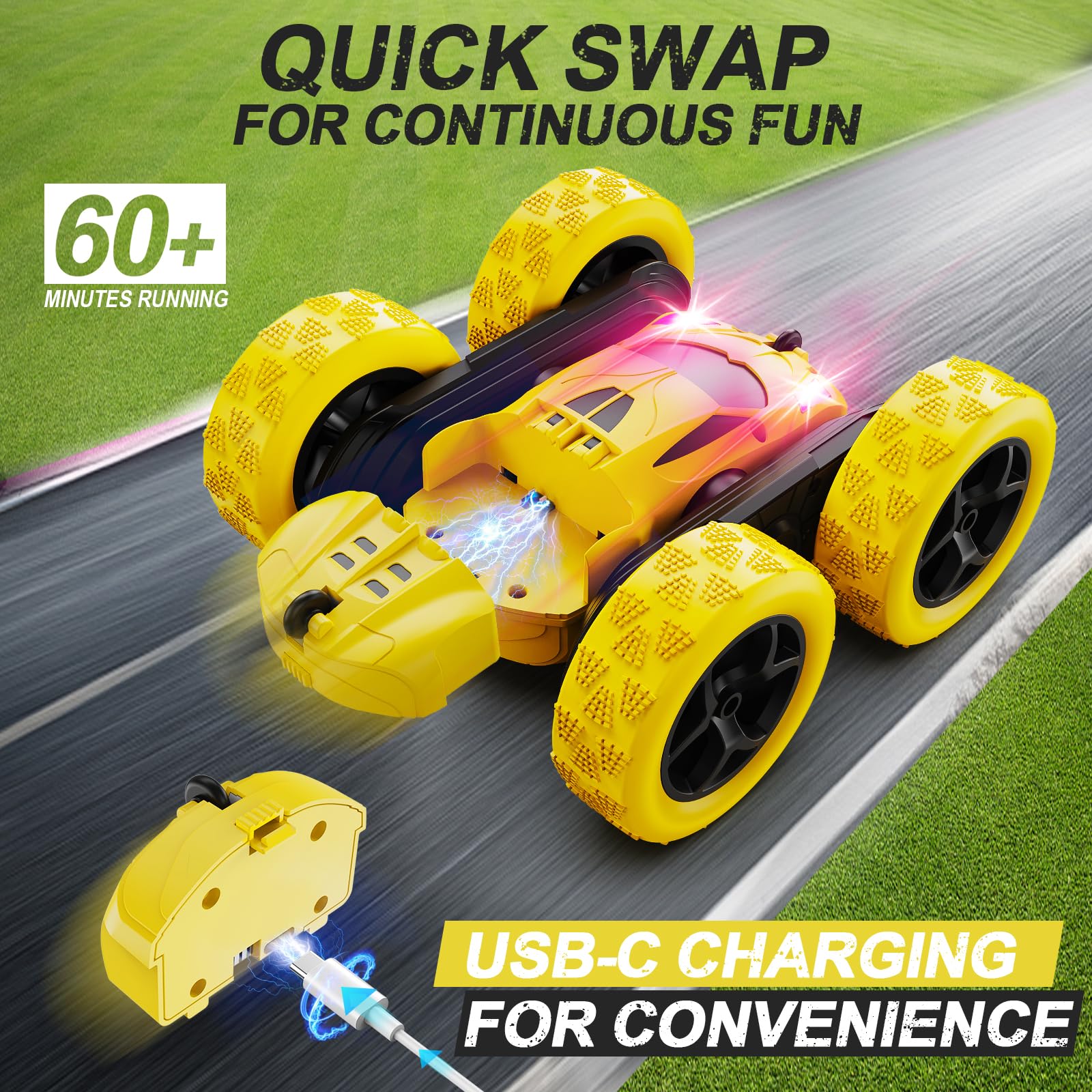 QUNREDA Macchina Telecomandata, Auto RC Giocattolo per Bambini 6-12 Anni, Auto Acrobatica Fuoristrada 4WD con Rotazione 360°, Regalo di Compleanno e Natale per Bambini e Bambine, Gialla