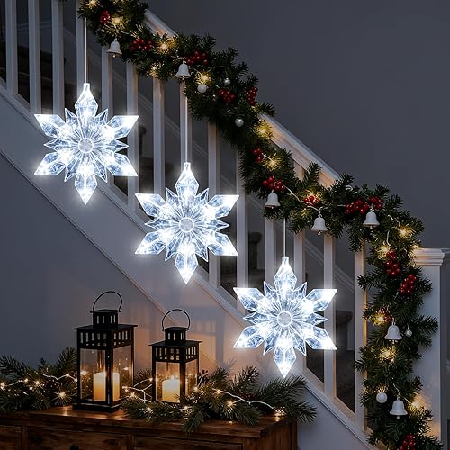 Miniatura 9 de Temporizador de 3 piezas de luces de Navidad para ventana, funciona con pilas, colgante de Navidad blanco iluminado en forma de copo de nieve LED