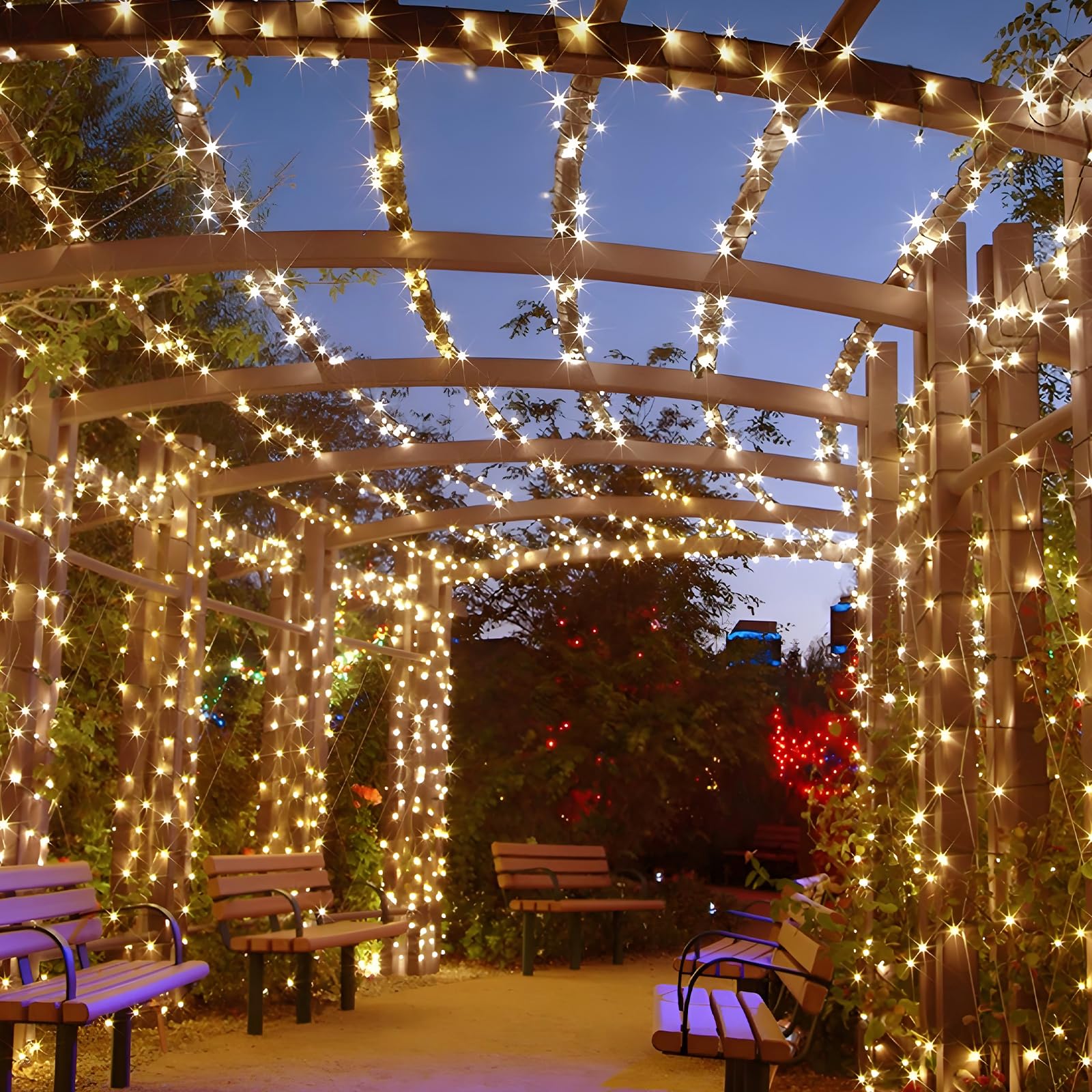 Catena di luci solari per esterni, 30 m, luce bianca calda, per esterni, a energia solare con telecomando e timer, 8 modalità, catena luminosa per albero di Natale, impermeabile, per giardino
