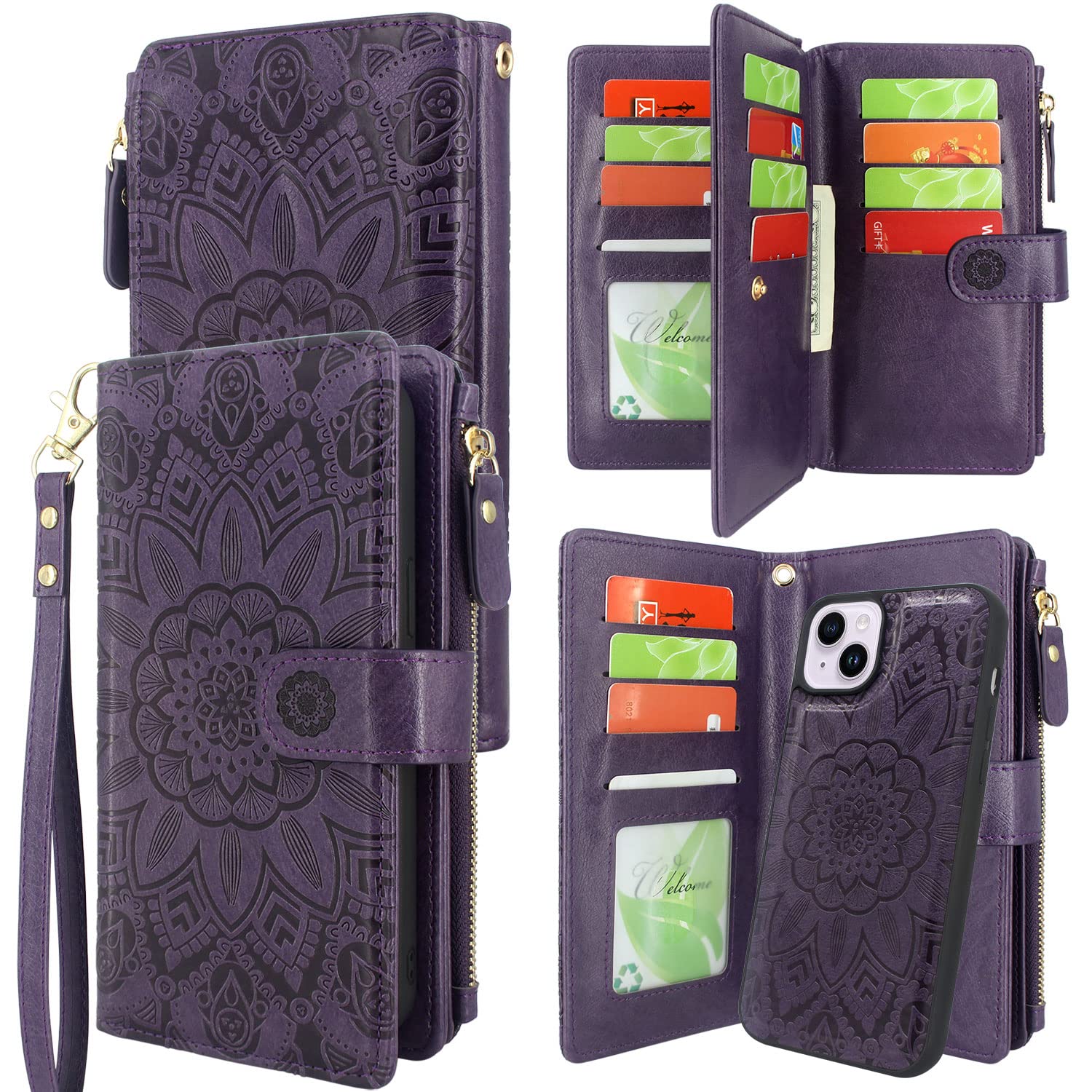 Harryshell Compatible with iPhone 14 Plus 6.7 inch 5G 2022 Wallet Case Detachable Magnetic Cover Zipper Cash Pocket Multi Card Slots Holder Wrist Strap Lanyard (Deep Purple)