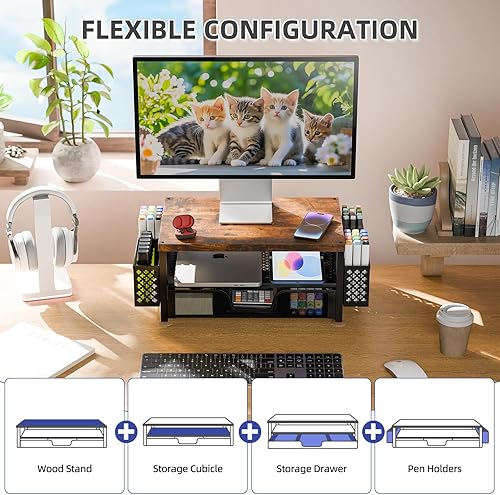 Miniatura 2 de Simple Trending Soporte elevador para monitor de 2 niveles, organizador de escritorio de computadora de madera con cajón y soporte para bolígrafo