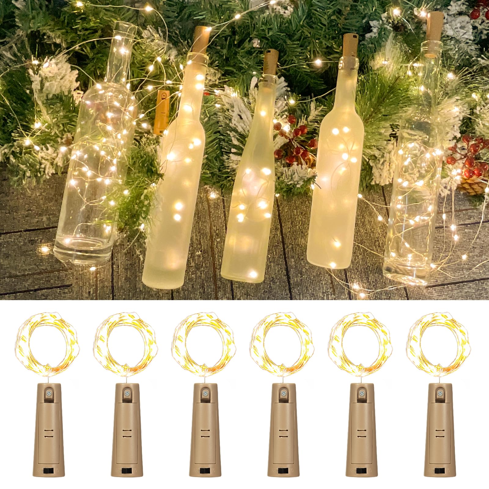 Etinga 6-Pack LED Bottle Lights with Dual Battery Pack, 6.6ft 20 LEDs, Twice The Runtime, Warm White for Indoor & Outdoor Christmas Décor.(6 Pack,