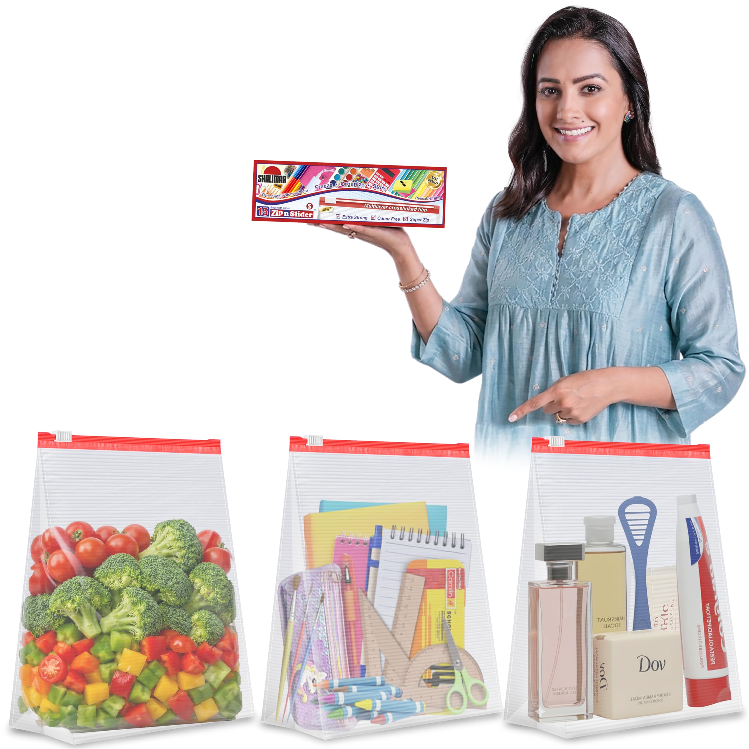 Shalimar Zip 'N' Slider Bags | Small (20 cm X 20 cm) | Pack of 45 Bags | Ziplock/Vegetable/Fruit/Fridge/Multi-Purpose Storage Bag | Reusable & Reclosable with Slider Lock | Color – Natural