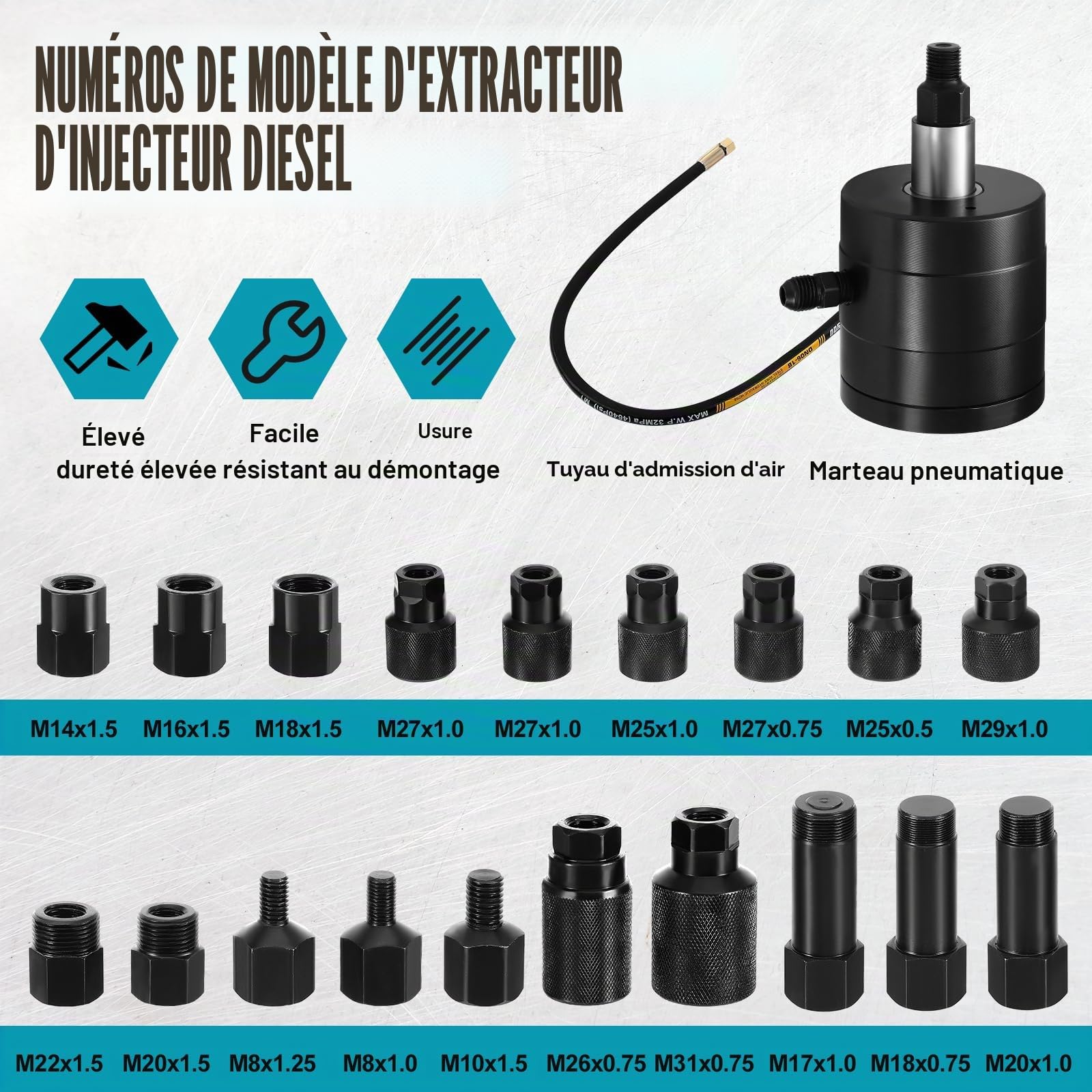 HSEAMALL Kit extracteur d'injecteur pneumatique de 21 pièces, outil d'injecteurs diesel avec adaptateurs, noir