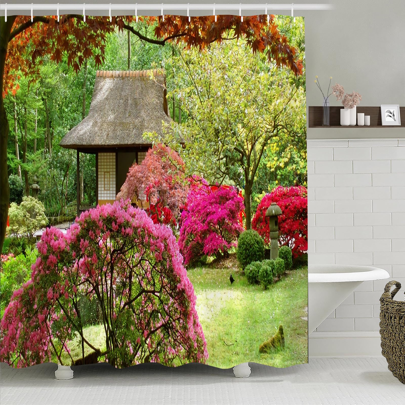 Simpomsy Color-6 Garden Shower Curtain 3D Garden View Flowers Trees Outdoor Nature Scenery Waterproof Cloth Fabric Bathroom Decor Set With Hooks 200X180cm