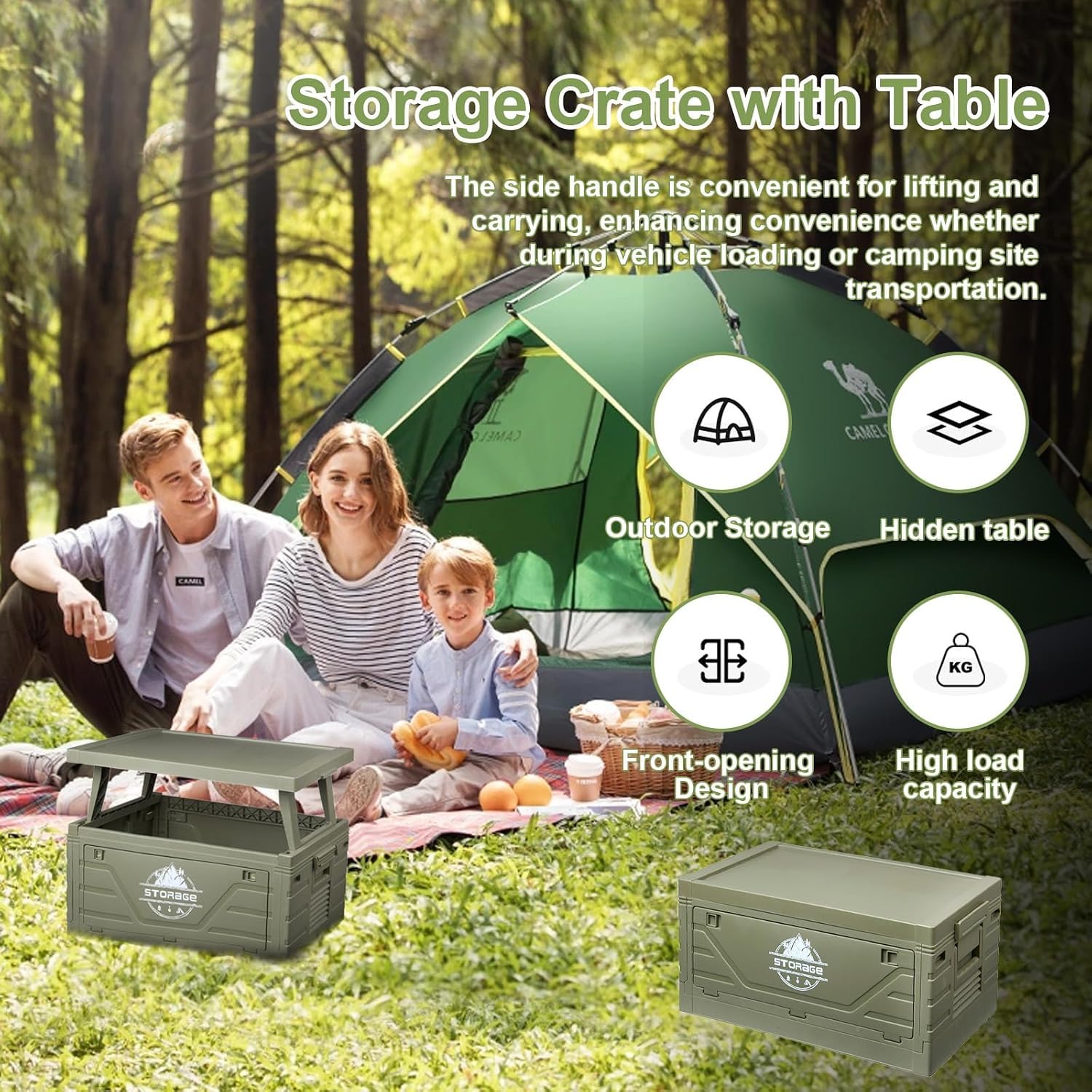 Grande boîte de rangement de camping, armoire de rangement pliable, table de rangement pliable 2 en 1, multifonctionnelle, pour fête de jardin, pique-niques, voyages en plein air, organisateur