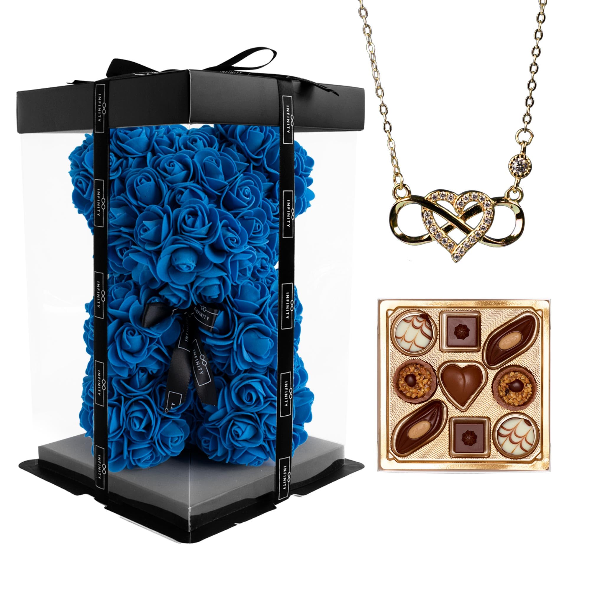 Rosen Bär Geschenkset mit Infinity Kette & Pralinen im Set - 300 handbeklebte Rosen mit Duft - Geschenk für Frauen, zum Geburtstag oder Jahrestag (Gold, Dark Blue)