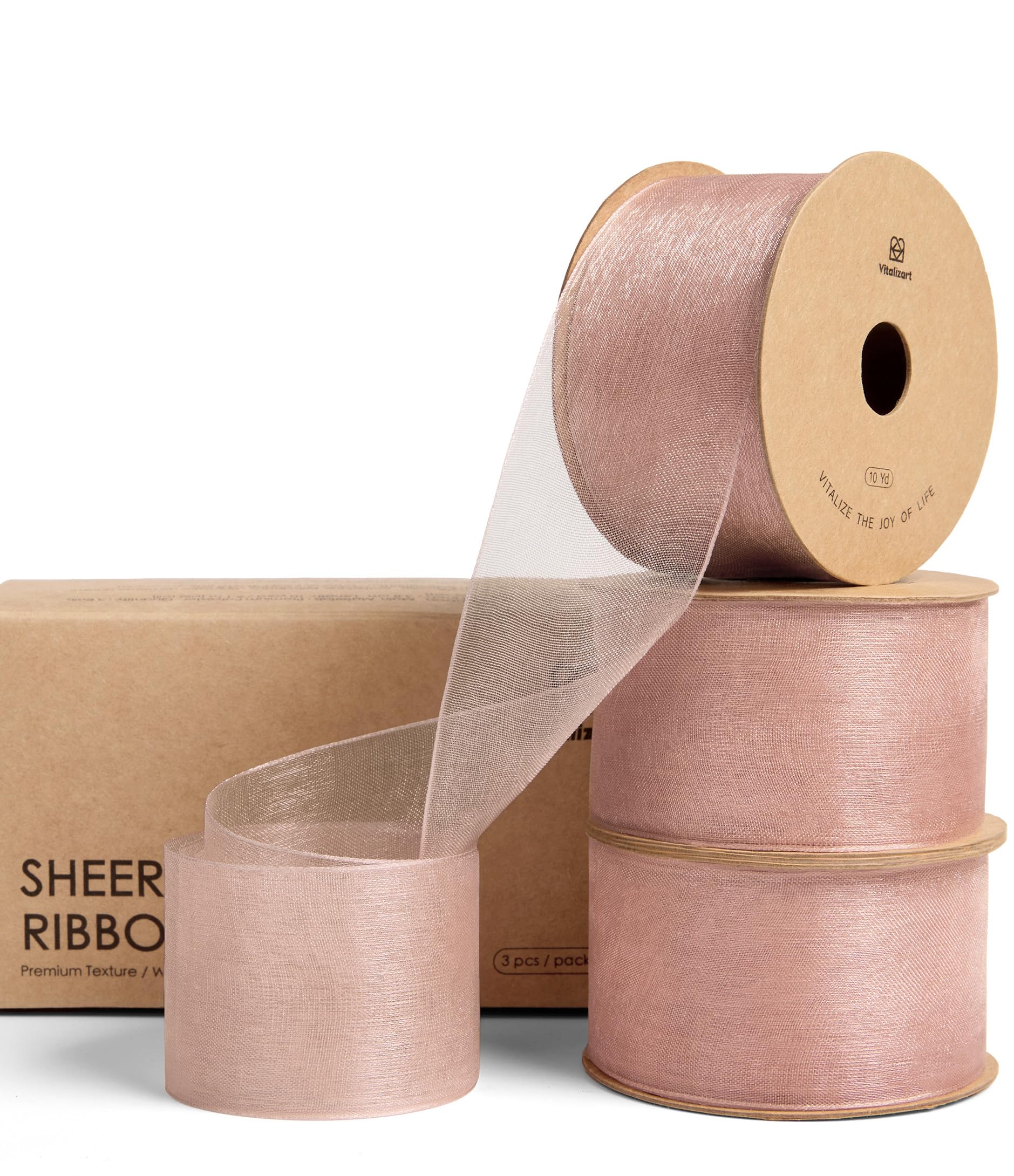 Vitalizart 1.5" x 30 Yd Pink Organza Ribbon 3 Rolls x 10 Yd, Fabric Sheer Ribbons for Gift Wrapping, Crafts, Wedding Invitations, Christmas Wreath Bows, Bouquet