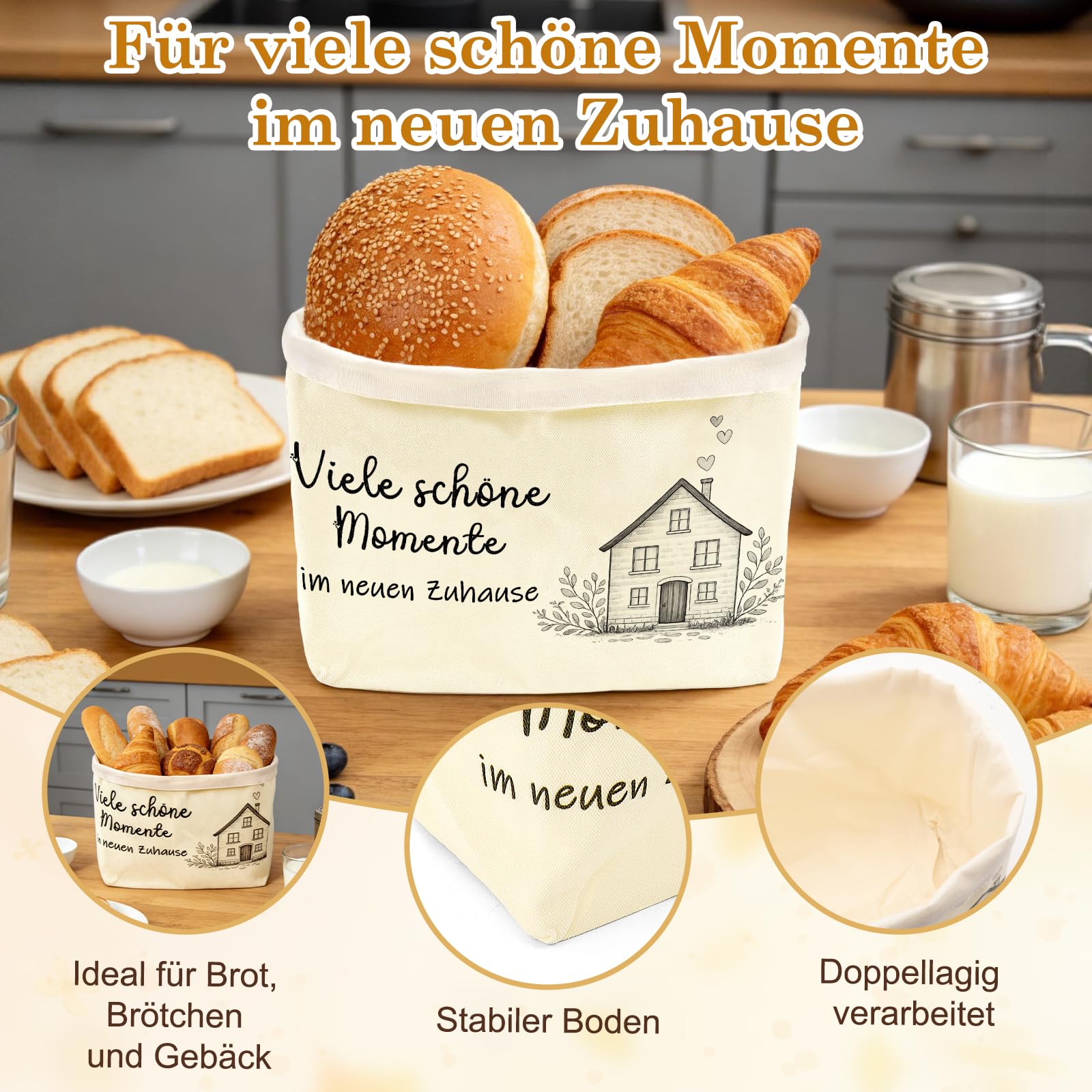 WALLFID Einzugsgeschenke Wohnung,Geschenk Zum Einzug Beinhaltet Brotkorb,Weinbeutel,Holz-Salzlöffel,Sticker für Brot,Salz & Schokolade,Viele schöne Momente im neuen Zuhause