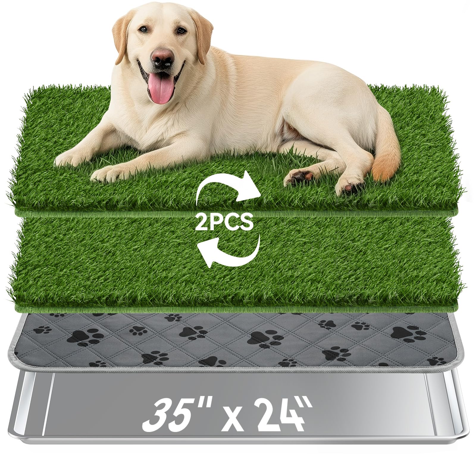 Dog Grass Pad with Tray Large, 35" x 24" Stainless Steel Dog Litter Box with 2 Premium Grass Pads & Reusable Pee Pad - Durable, Rust-Proof, Easy Clean