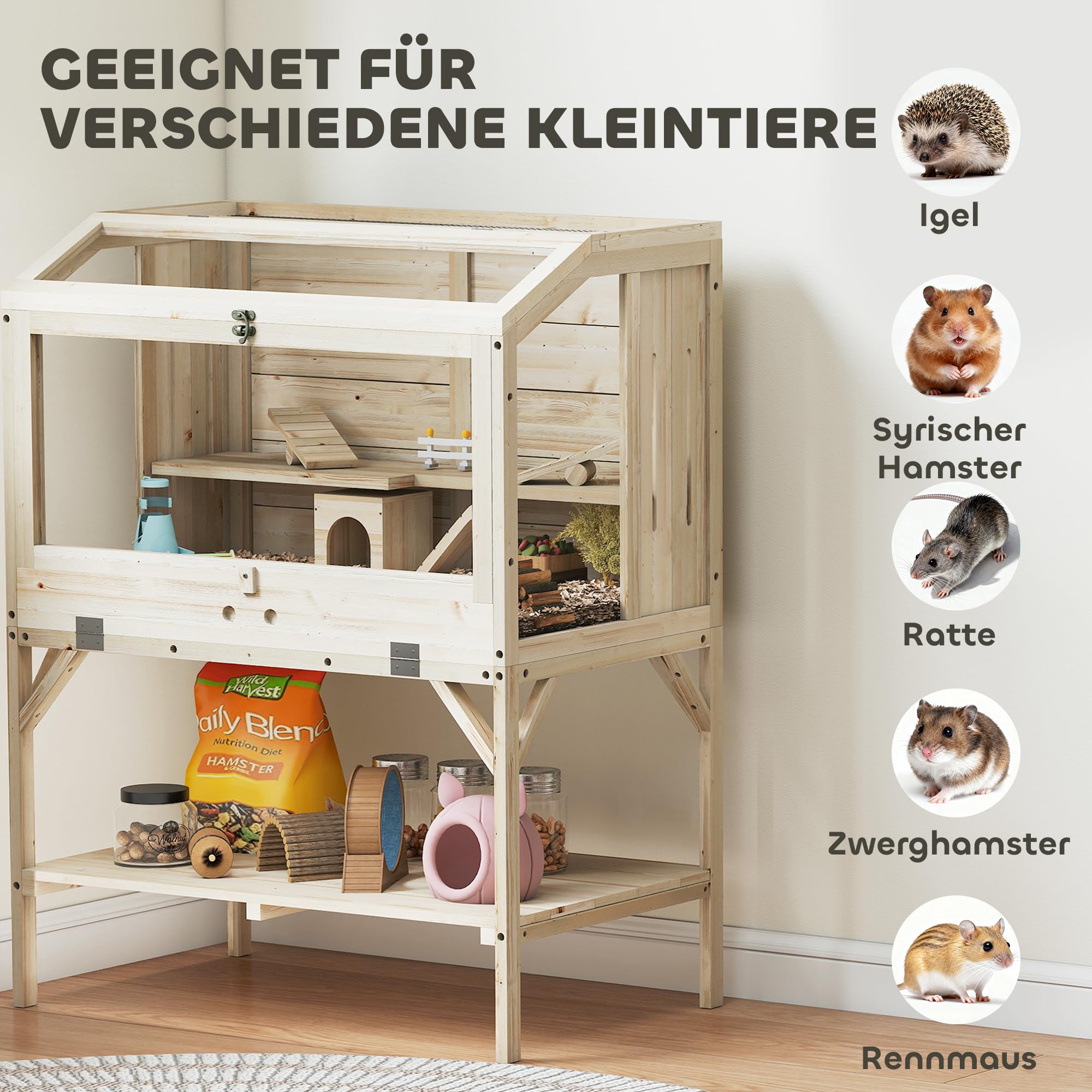 PawHut Hamsterkäfig aus Holz 2 Etagen mit unterem Ablagefach, zu öffnendem Deckel, Tablett, Wippen, Rampe, Nagarium, Kleintierkäfig mit Hütte, 84 x 53 x 110 cm, Natur