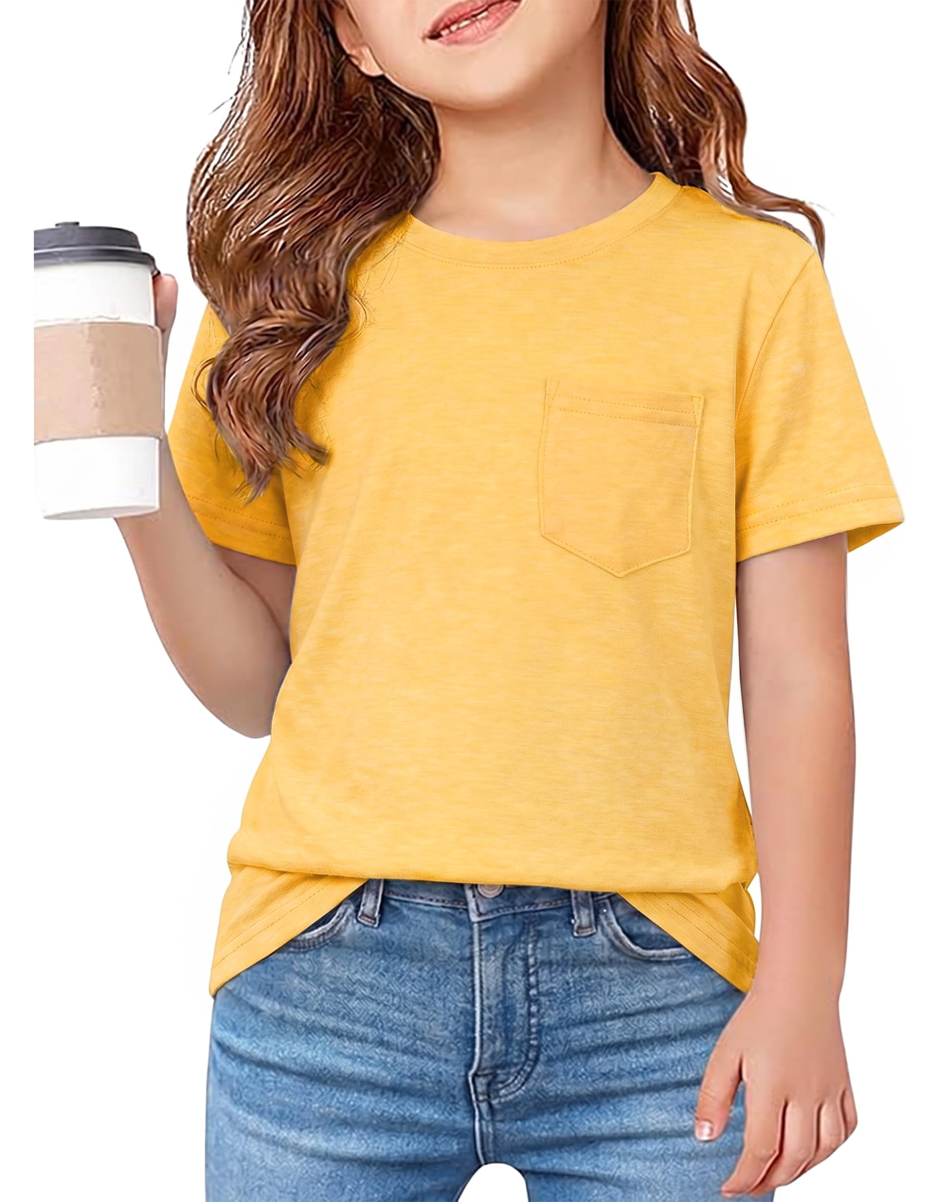 Leversic T-Shirt Mädchen Sommer Kurzarm Basic Tops Einfarbiges Rundhals Kinder Sport Mit Taschen Tshirt für Mädchen 6-15 Jahre
