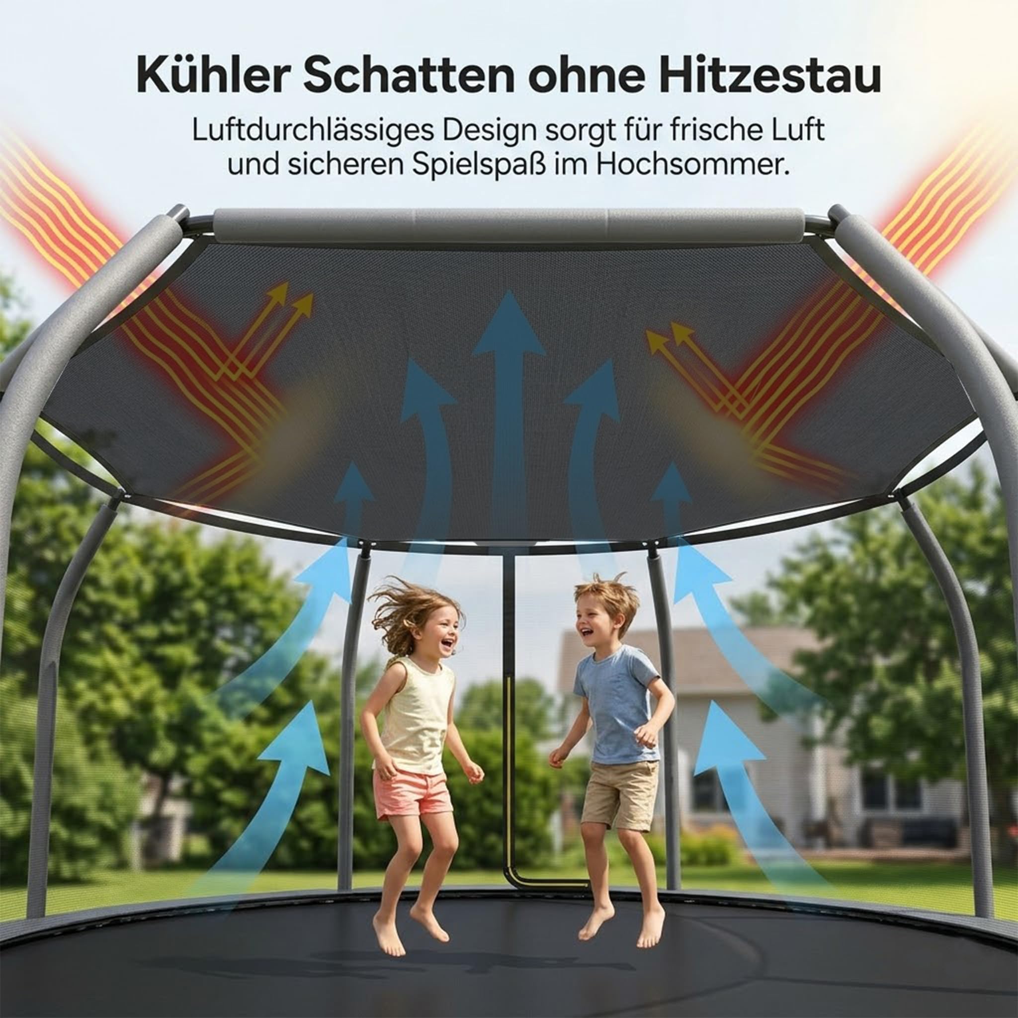 Trampolin Sonnenschutz AbdeckungØ305 cm(10ft). Reißfestes 80g/m²PE Sonnendach für 8 Stangen. Luft- & wasserdurchlässiges Sonnensegel gegen Wassersäcke. Inklusive 80cm Seile