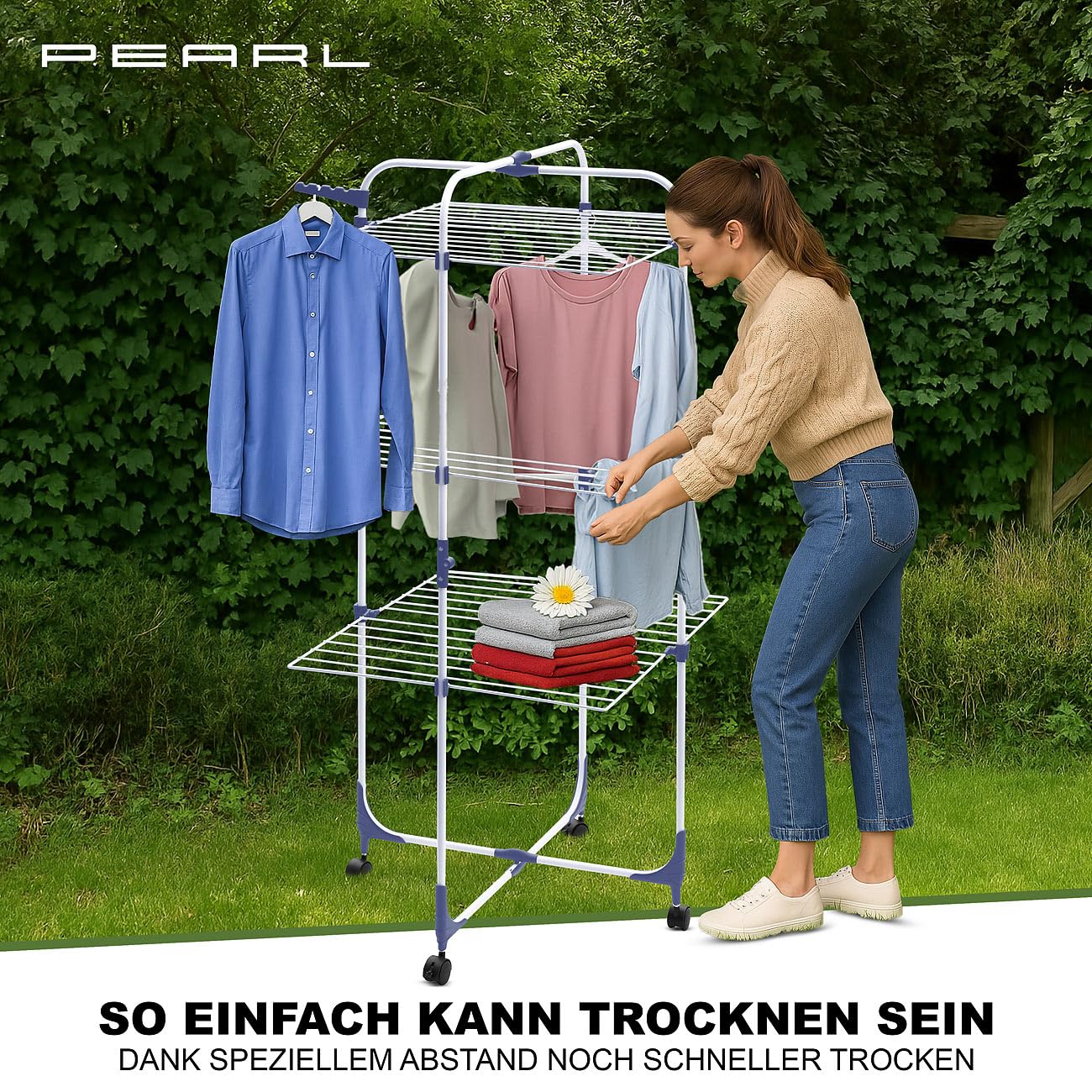 PEARL Wäschetrockner: 2er-Set 3 Etagen Wäschetürme mit Rollen, 30 m Trockenstange, klappbar (Wäscheständer für Badezimmer, Wäscheständer platzsparend, WC)