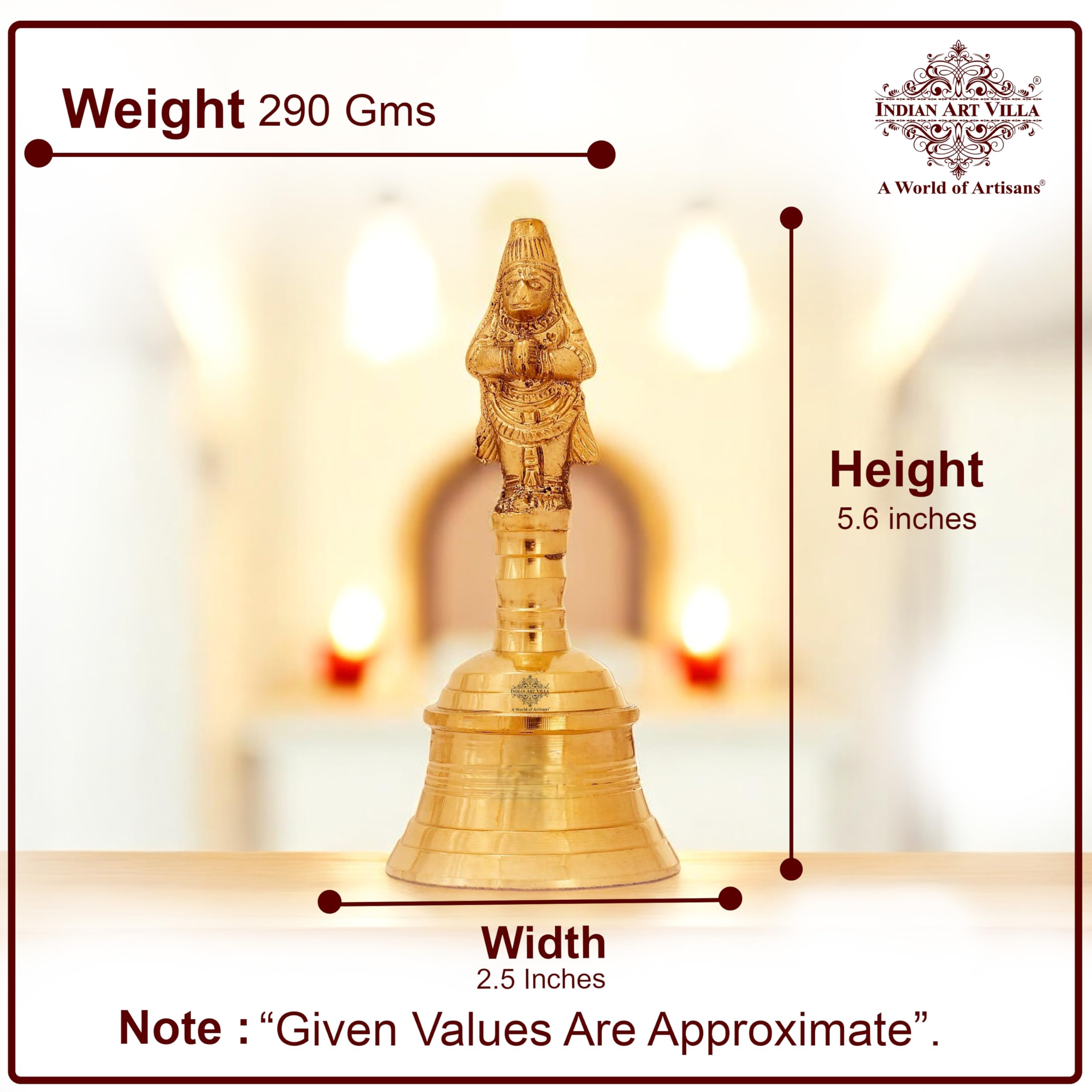 INDIAN ART VILLA Shri Hanuman Design Brass Pooja Ghanti Bell, Poojan Temple, Religious and Spiritual Item, Height- 5.6" Inches, Religious 3