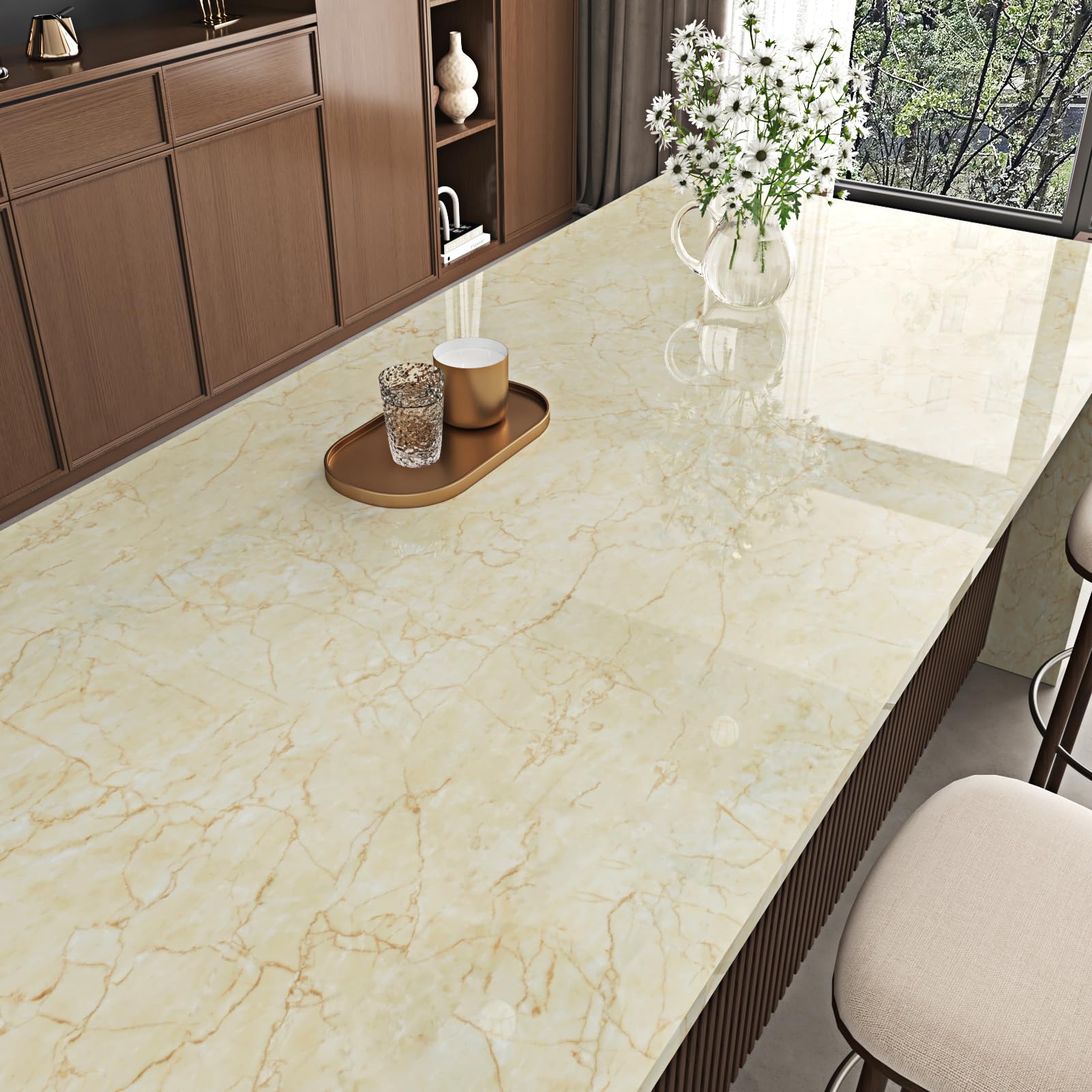 HotDecor Beige Marble Effect Wallpaper Kitchen Worktop Covering Vinyl Self Adhesive Glossy Marble Sticky Back Plastic Roll Kitchen Counter Vinyl Wrap Contact Paper Washable Wallpaper 40cm x 200cm