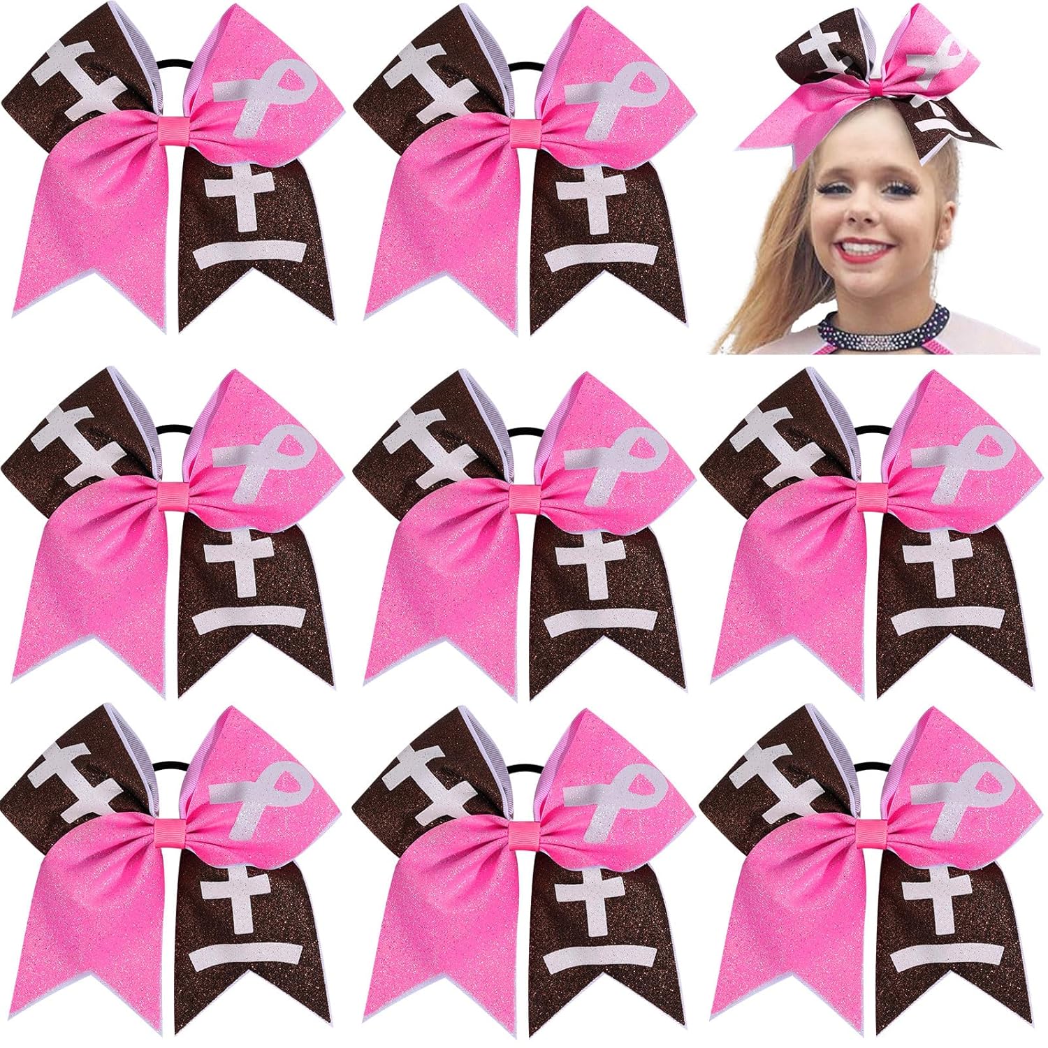 CN 8PCS 7" Breast Cancer Awareness Large Cheer Bows,Hot Pink Ribbon Cheerleading Bows Ponytail Holder for Girls, Glitter Cheer Hair Bows with Elastic Hair Tie for Competition (Pattern A)