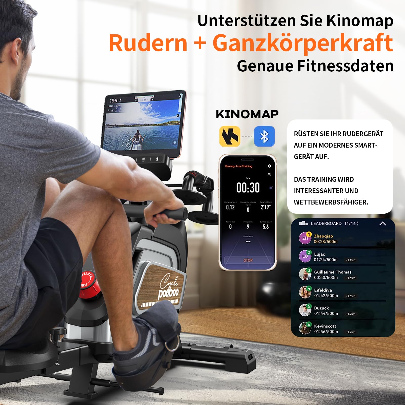 pooboo Magnetisches Rudergerät, Rudergerät für Zuhause mit Kombinationskraftübung, Leises Magnetrudergerät mit 14 Widerstandsstufen, Tablet-Halterung, klappbarer Ruderer für Heimgebrauch, Bis 163,3 kg