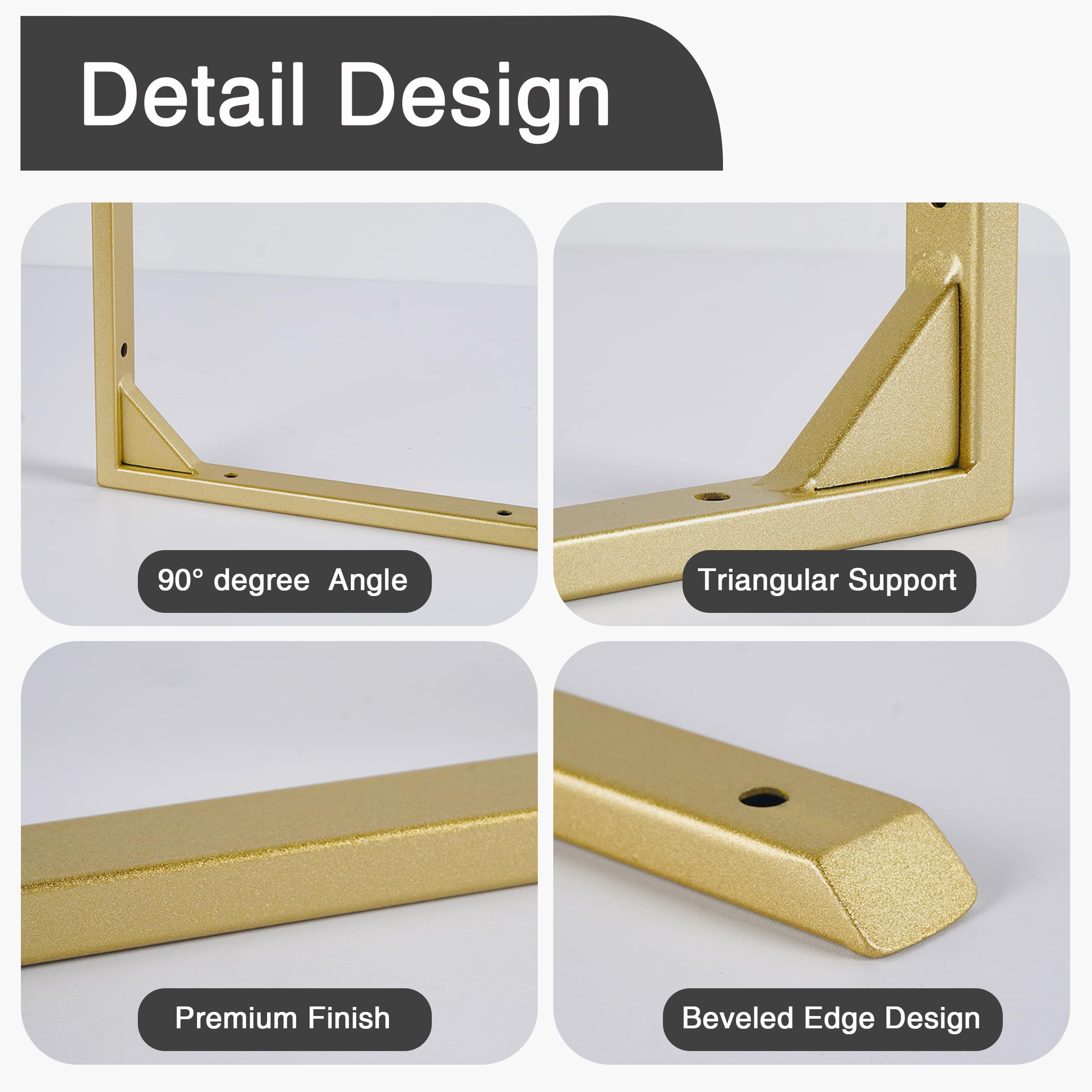 Soportes de estante resistentes de 10 pulgadas, paquete de 4 soportes de hierro dorado para estantes, soportes triangulares resistentes con tornillos para estantería de cocina (dorado)