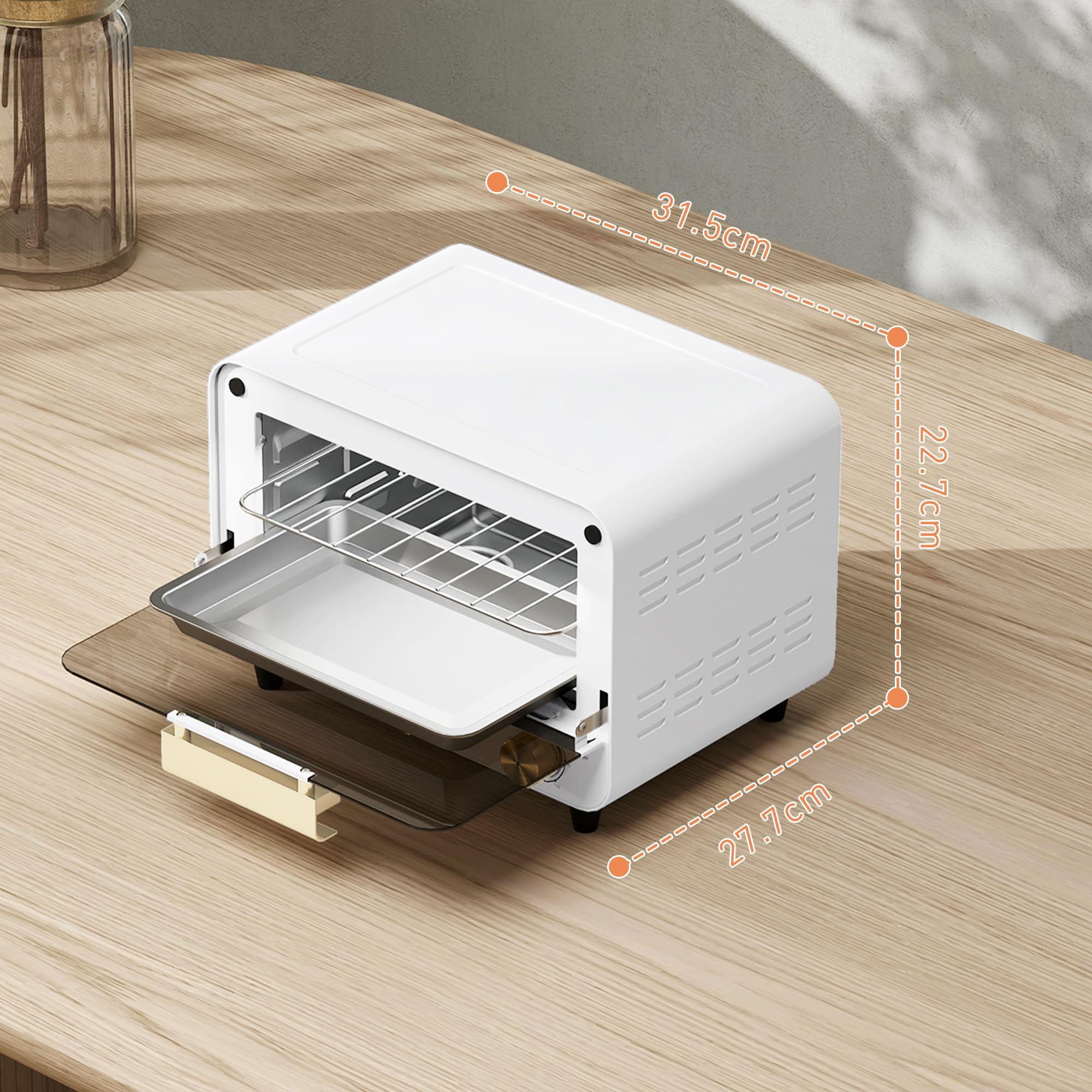 HOMCOM Four électrique 12L à 2 hauteurs avec minuterie et température réglable, mini four en acier inoxydable, verre et plastique, 31,5x27,7x22,7 cm, blanc et or