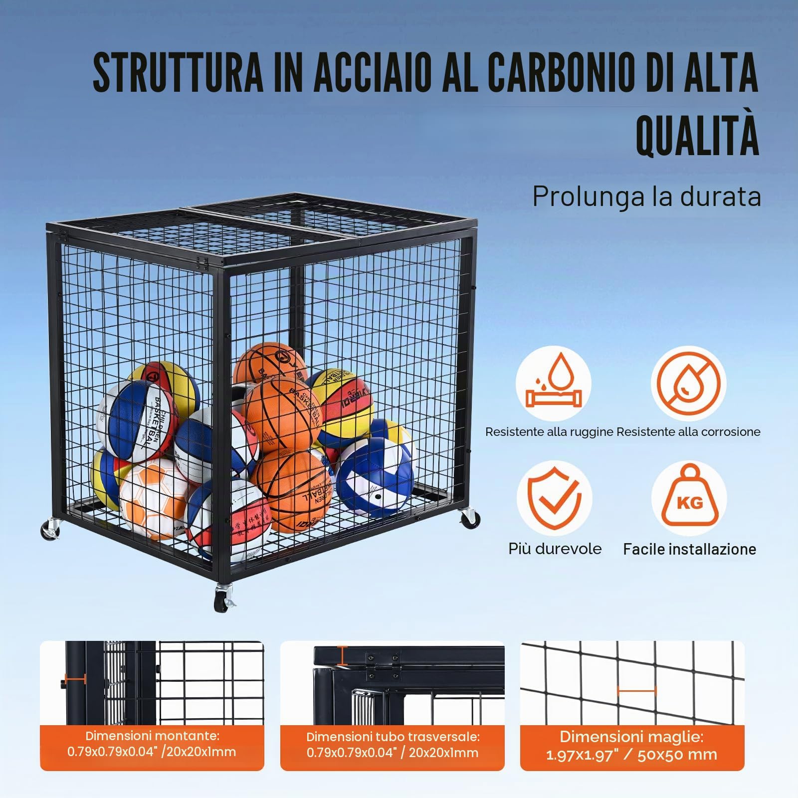 VEVOR Carrello Portaoggetti per Palline Sportive, Gabbia da Basket con Chiusura a Chiave con Doppi Coperchi, Organizzatore Porta Attrezzi Sportivi per Interni ed Esterni, Rastrelliera in Acciaio