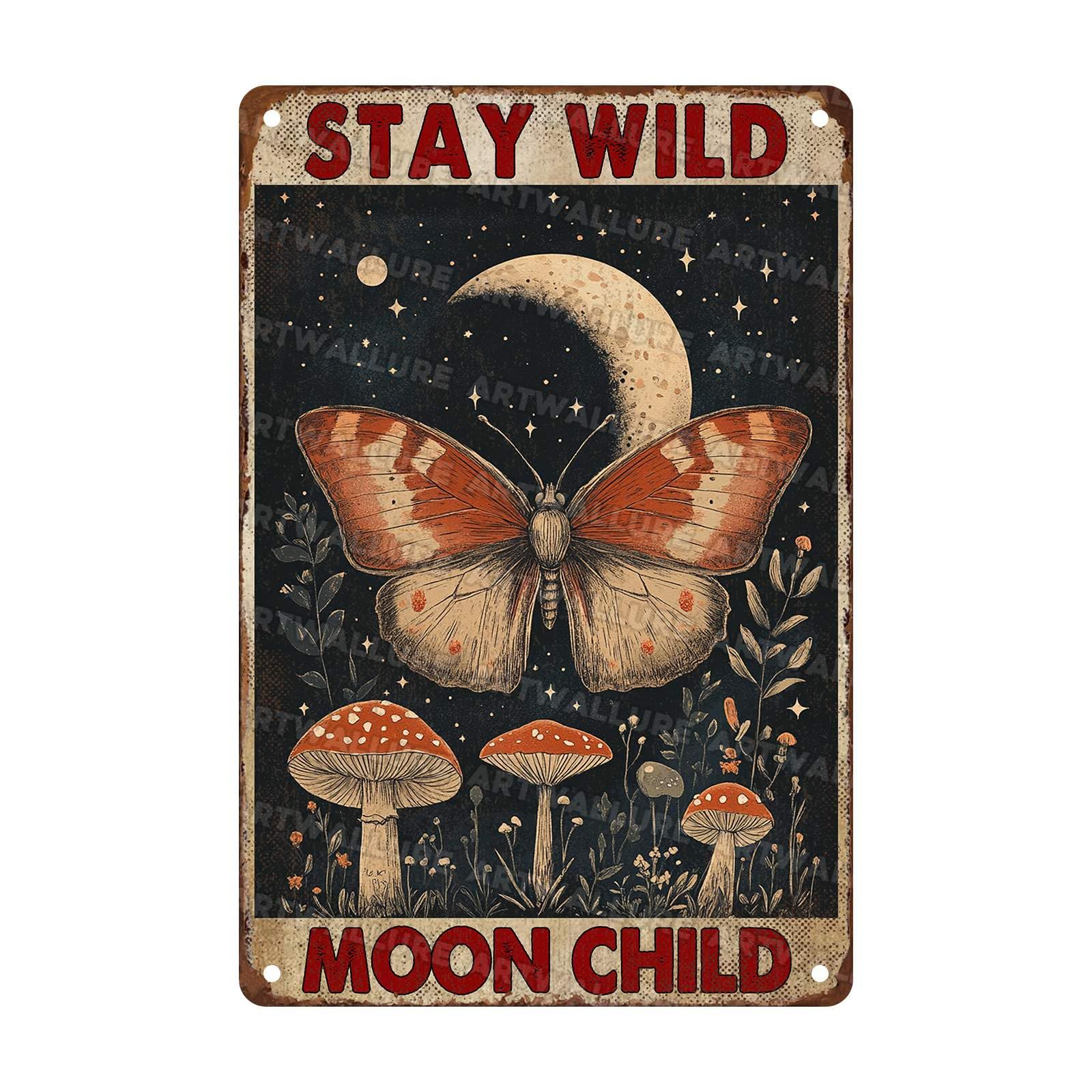 Vintage Mushroom Metal Sign Stay Wild Moon Child Sign Flower Tin Sign Wall Decor for Home Bar Yard Cafe 8x12Inch