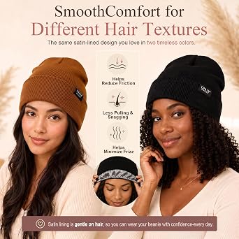 2 Pack Satin Lined Beanies for Men and Women Warm Cuffed Winter Hats