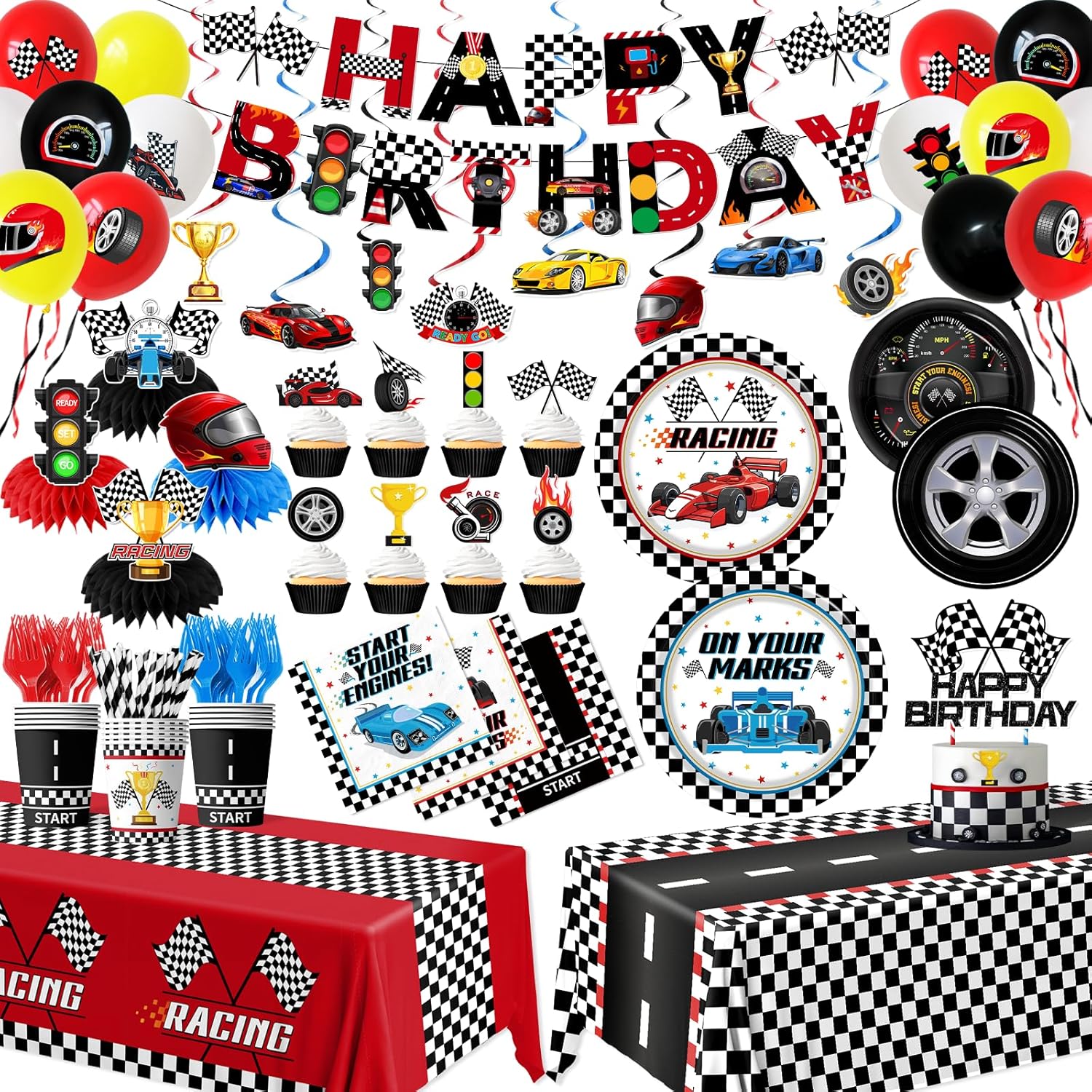 Race Car Birthday Party Decorations, All-in-1 Cars Birthday Decorations with Balloons Checkered Plates Napkins Cake Toppers Honeycombs Tablecloths and Banner Racing Decorations for Race Day, Serve 24