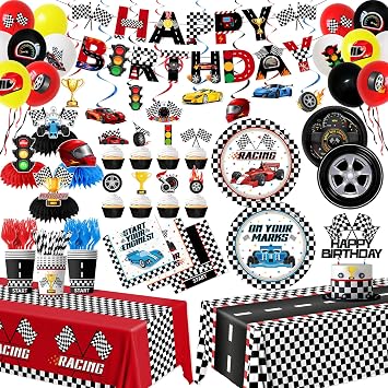 Race Car Birthday Party Decorations, All-in-1 Cars Birthday Decorations with Balloons Checkered Plates Napkins Cake Toppers Honeycombs Tablecloths and Banner Racing Decorations for Race Day, Serve 24