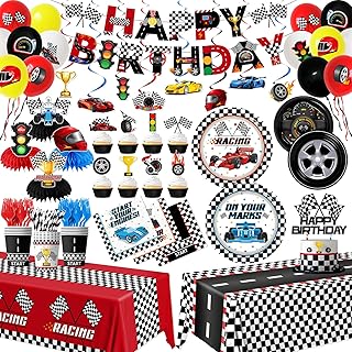 Race Car Birthday Party Decorations, All-in-1 Cars Birthday Decorations with Balloons Checkered Plates Napkins Cake Toppers Honeycombs Tablecloths and Banner Racing Decorations for Race Day, Serve 24