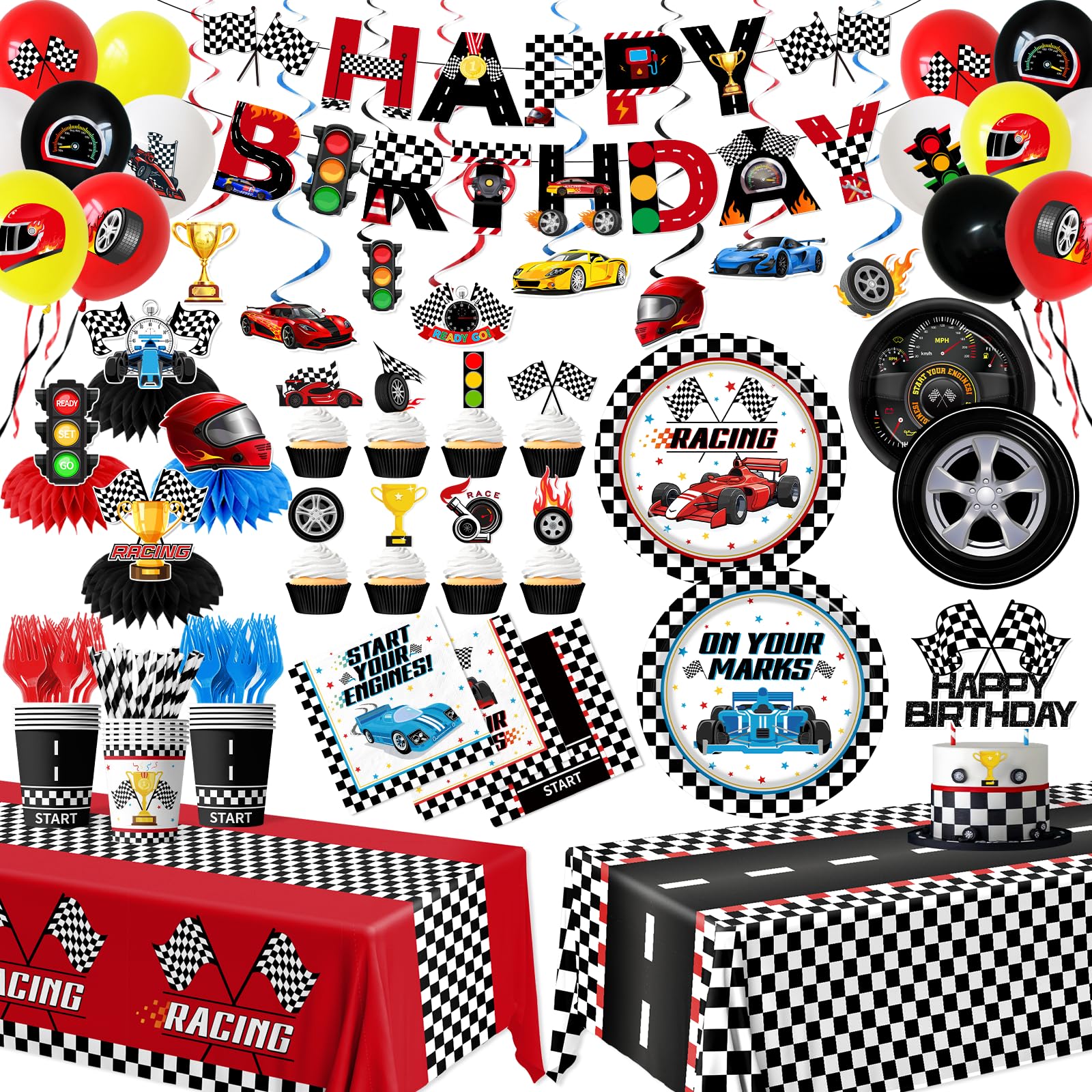 Race Car Birthday Party Decorations, All-in-1 Cars Birthday Decorations with Balloons Checkered Plates Napkins Cake Toppers Honeycombs Tablecloths and