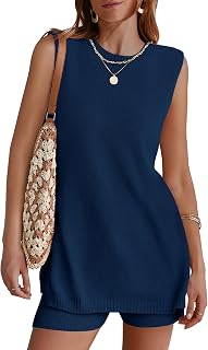 Women's Summer Sleeveless Sweater Lounge Sets Casual Loose Fit Tunic Tops and Shorts 2 Piece Beach Vacation Outfits