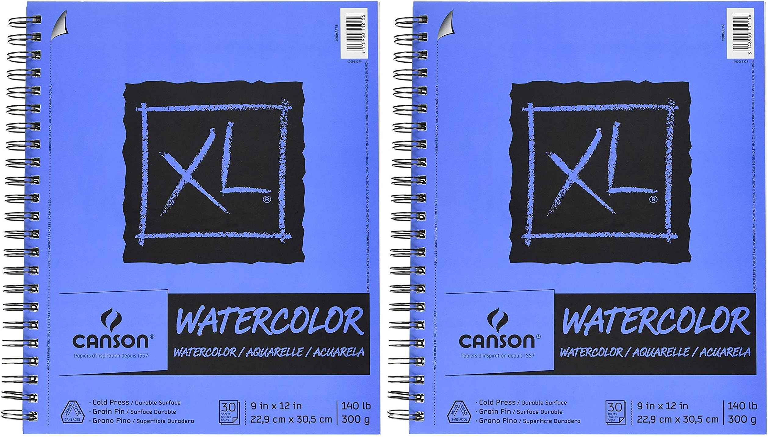 2-Pack Bundle - Canson XL Series Watercolor Paper - 9 x 12 inch - Textured, Cold Press - Side Wire Bound, 140 Pound, 30 Sheets Each