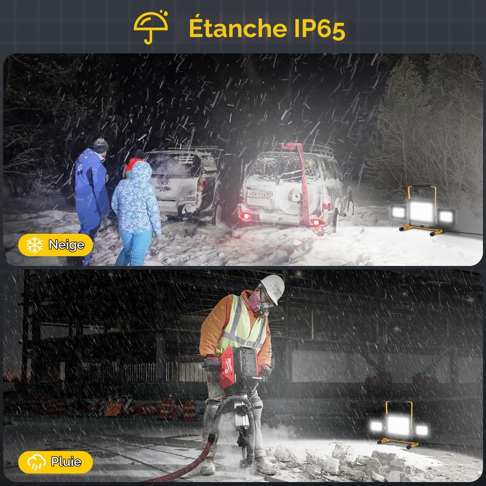 Viugreum Projecteur Led Chantier 100w 8000LM Luminaire Exterieur à Trois Têtes Avec Prise Câble de 3M Étanchéité IP65 Blanc Froid 6500K Portable Lampe Chantier pour Atelier Garage Construction