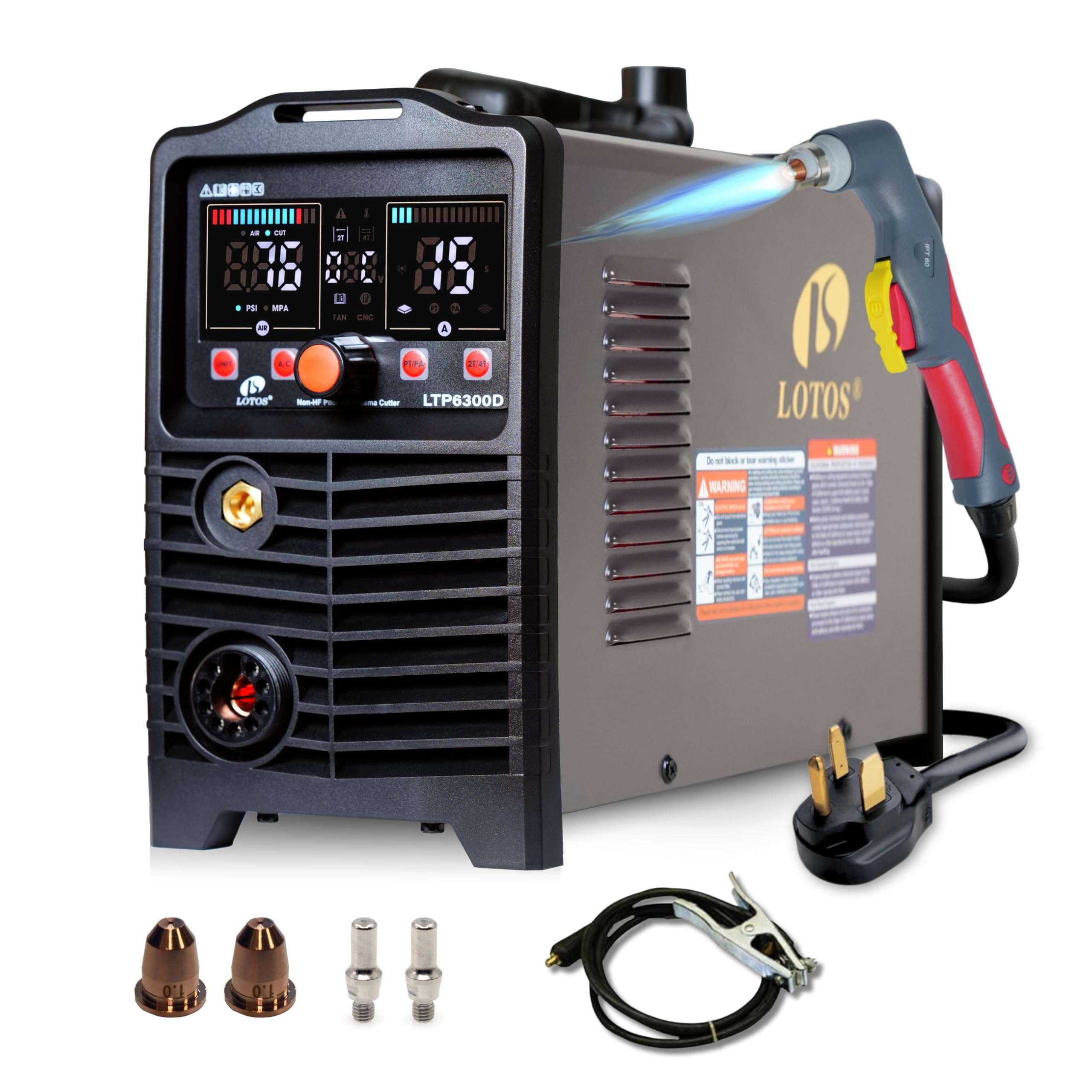 LOTOS LTP6300D 63AMP Non-Touch Pilot Arc Plasma Cutter, Drag Cut Enabled, 3/4" 19mm Clean Cut, 1" 25mm Severance Cut, Non-HF Arc Start Metal Cut