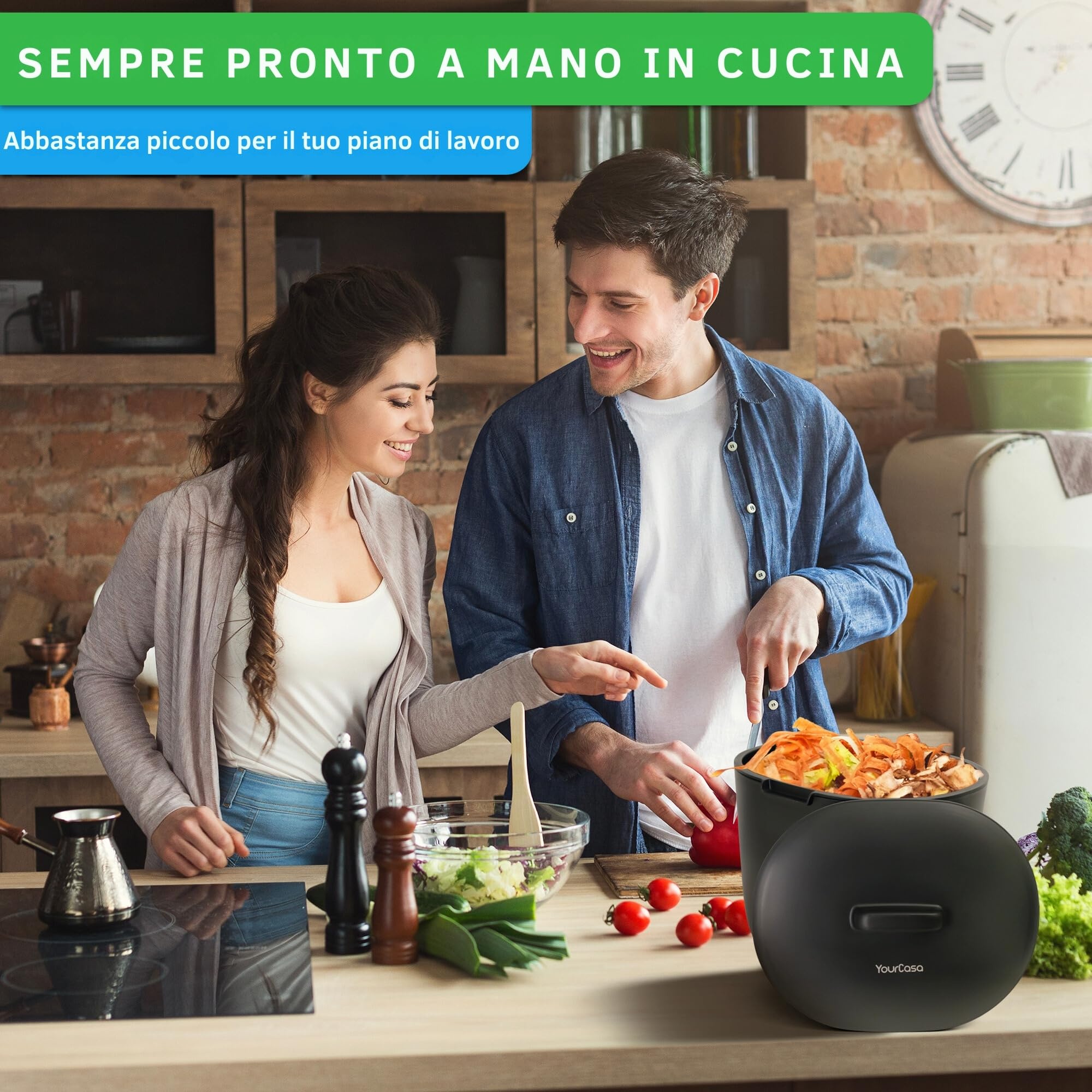 YourCasa Biomülleimer Cucina 3,6L - Compostiera per Rifiuti Biologici Quotidiani, Contenitore Lavabile in Lavastoviglie - Ermetico con Filtro & Manico Ergonomico - Piccolo Bio Bidone per Compost