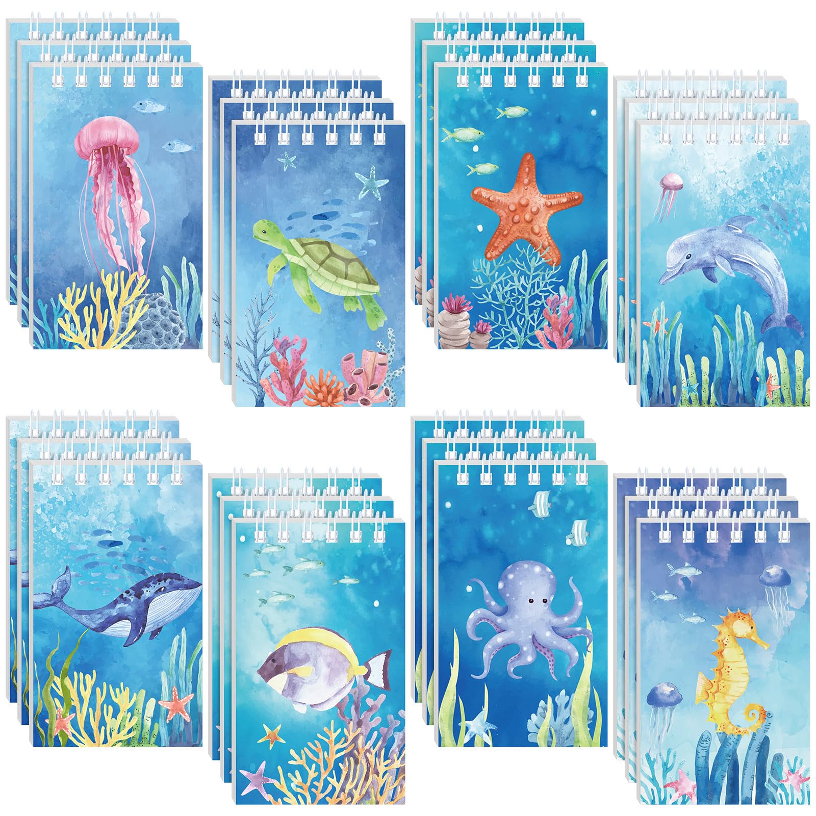 Nezyo Pack of 24 Mini Ocean Animals Notebooks Children's Notebook Under Sea Party Gift Set Sea Animal Spiral Pockets Notepads Underwater World Notebooks for Classroom Rewards Accessories
