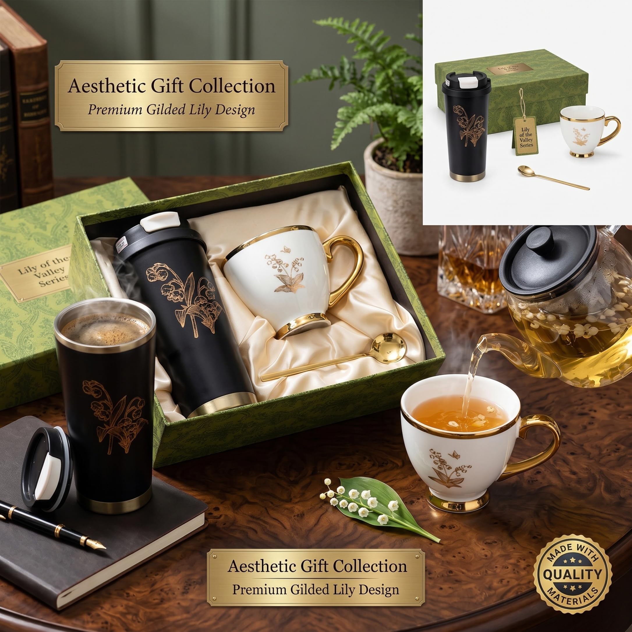 Set di tazze da caffè, tazze da caffè isolate in acciaio inossidabile 316 con tazza e cucchiaio in ceramica per mamma, lei, moglie, fidanzata, sorella, festa della mamma nere per donna Taz