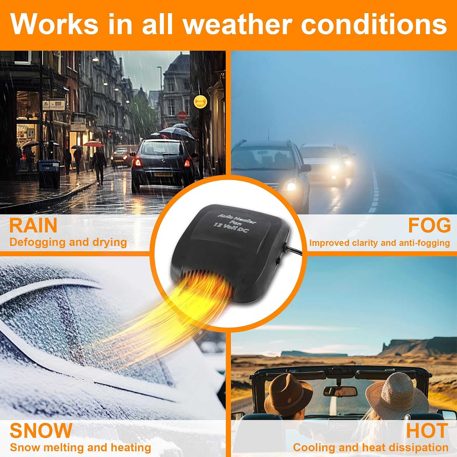 12V Car Heater & Defroster, Portable 150W Air Heater & Fan for Windshield Defogging, Fast Heating Dual-Mode Cooler for Car, Truck, Van, Black