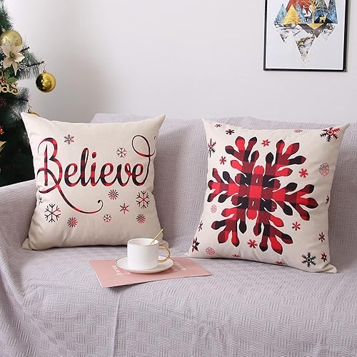 Miniatura 4 de Coeufuedy Juego de 4 fundas de almohada navideñas de 18 x 18 pulgadas, fundas de almohada de lino rústico para vacaciones, decoración navideña para