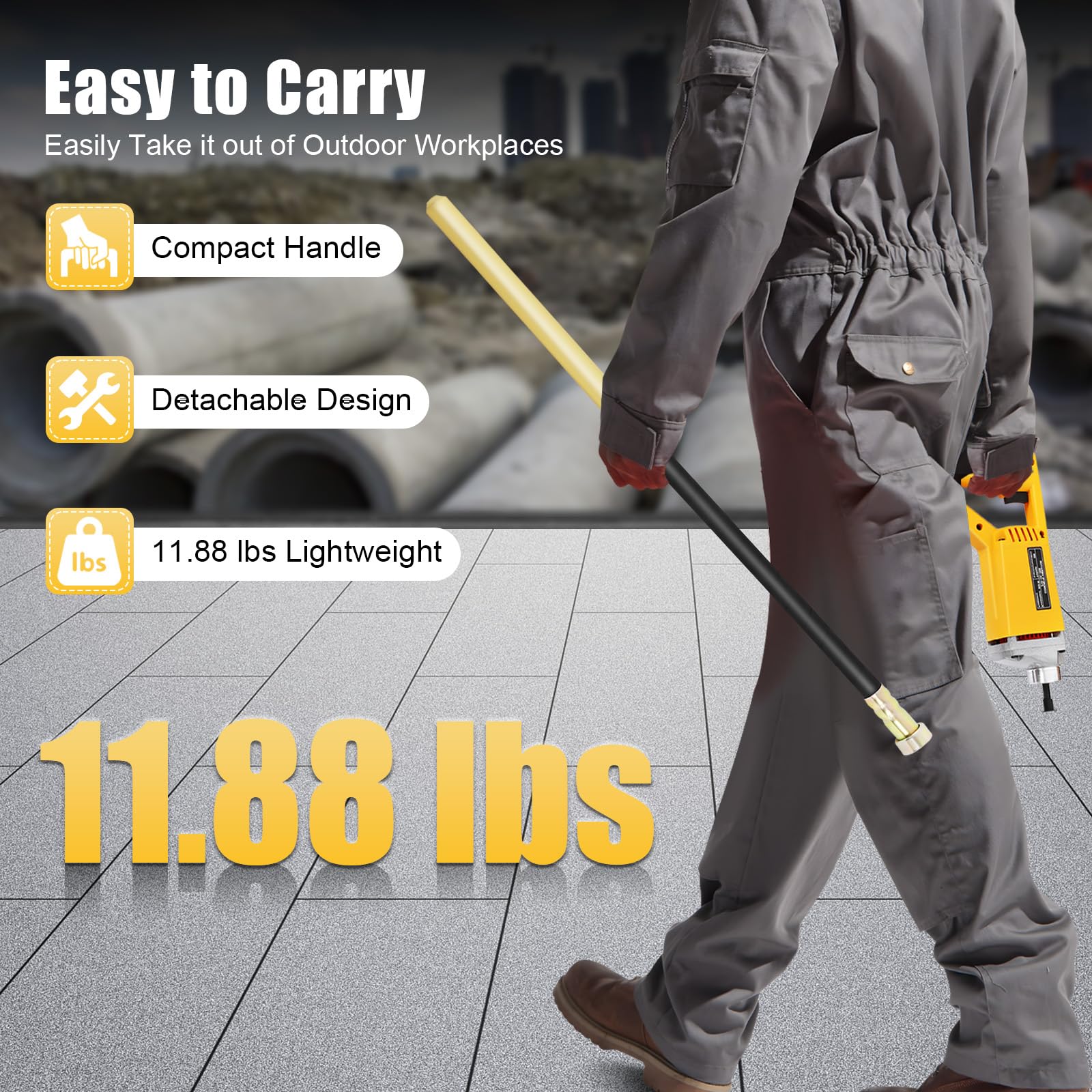 vibratore elettrico per calcestruzzo, 1300 W, con tubo da 2 m, 4500 – 5600 giri/min, per una rapida compattazione del calcestruzzo bagnato, ideale per strade, tunnel case, ponti e cantieri