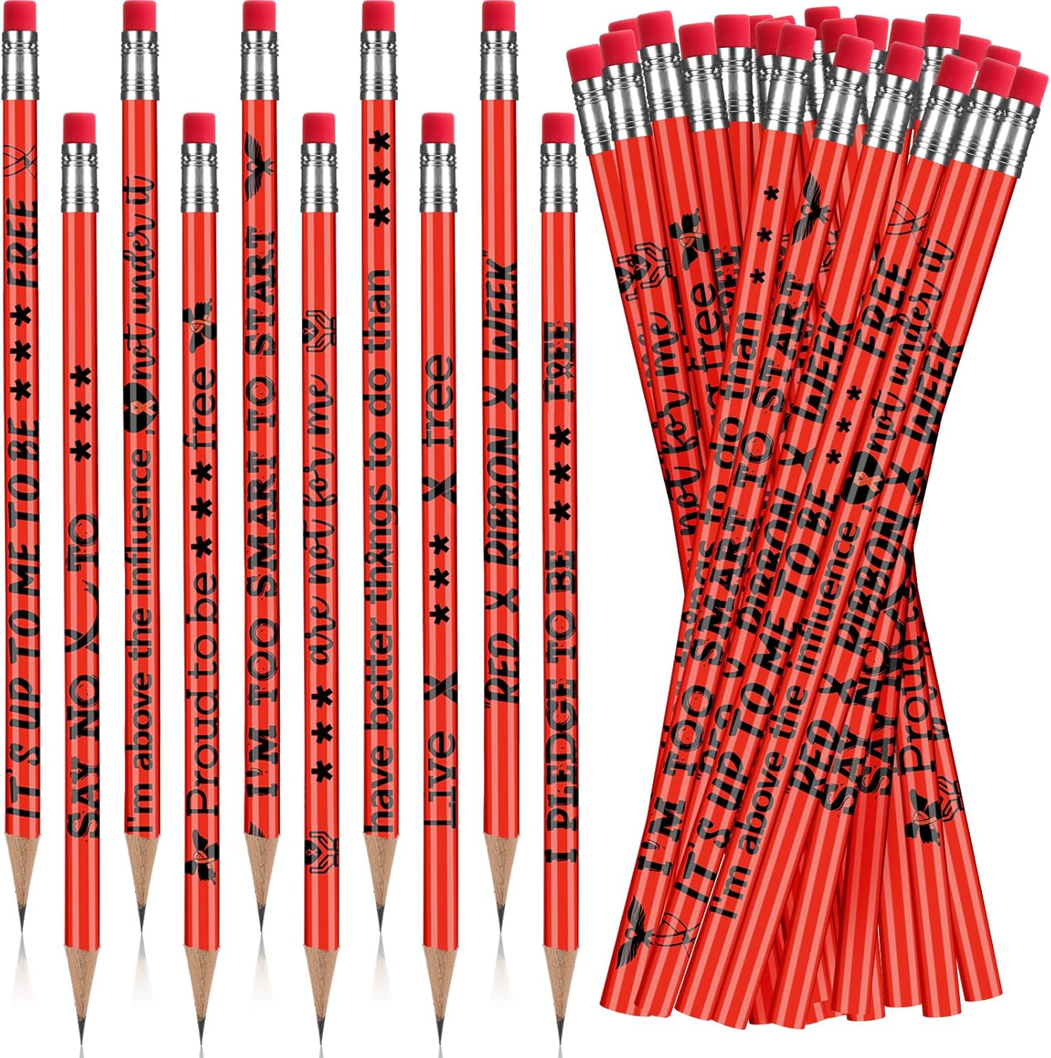 Frienda 120 Pcs Bulk Red Ribbon Awareness Pencils for Students Teacher Pencils with Erasers for Red Ribbon Week Anti Bullying Awareness Campaigns Teacher Office Supplies