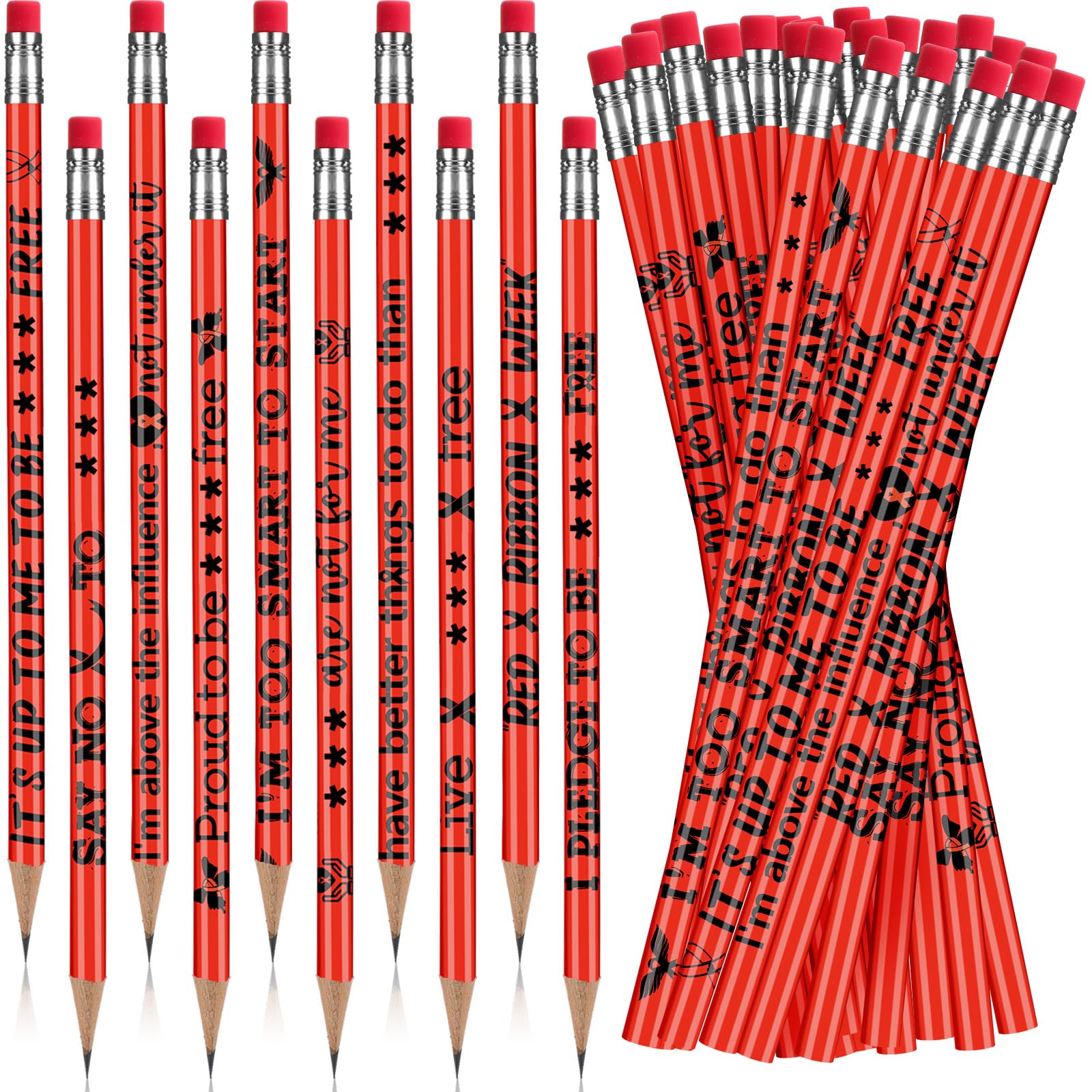Frienda 120 Pcs Bulk Red Ribbon Awareness Pencils for Students Teacher Pencils with Erasers for Red Ribbon Week Anti Bullying Awareness Campaigns