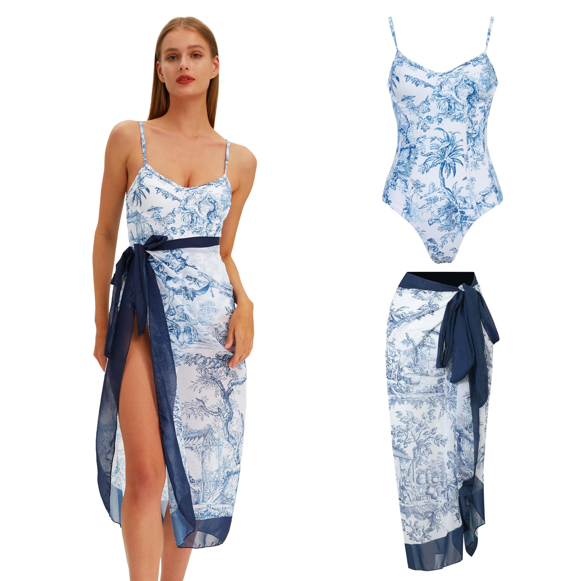 JollkichayWomens One Piece Swimsuit with Cover Up Sarong Wrap Floral Bathing Suits 1 Piece Swim Suit with Beach Cover Up Set