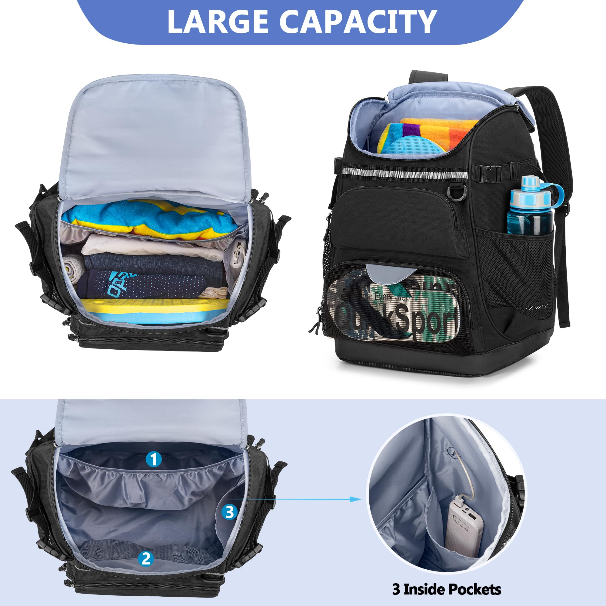 GOBUROS Mochila de natación con espacio separado para zapatos, bolsa de equipo de natación para piscina, playa, mochila deportiva para atletas de natación para hombres y mujeres, color negro