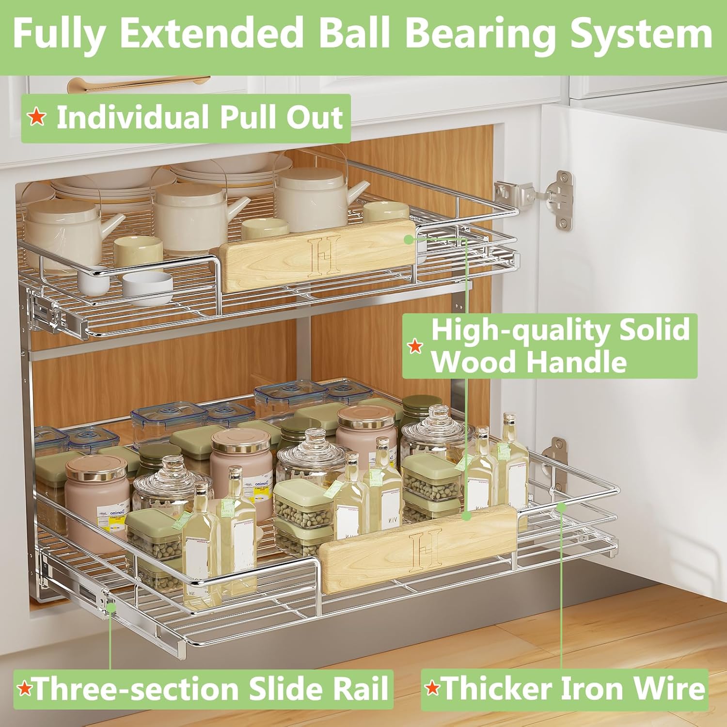 2 Tier Pull Out Cabinet Organizer with Wooden Handle, 28½" W x 21½" Kitchen Cabinet Pullout Shelf, Heavy Duty Slide Out Pantry Drawer Storage For Kitchen, Bathroom