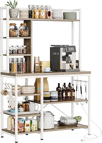 Miniatura 9 de YITAHOME Soporte para microondas con toma de corriente, barra de café, cocina, estante de almacenamiento independiente para despensa,