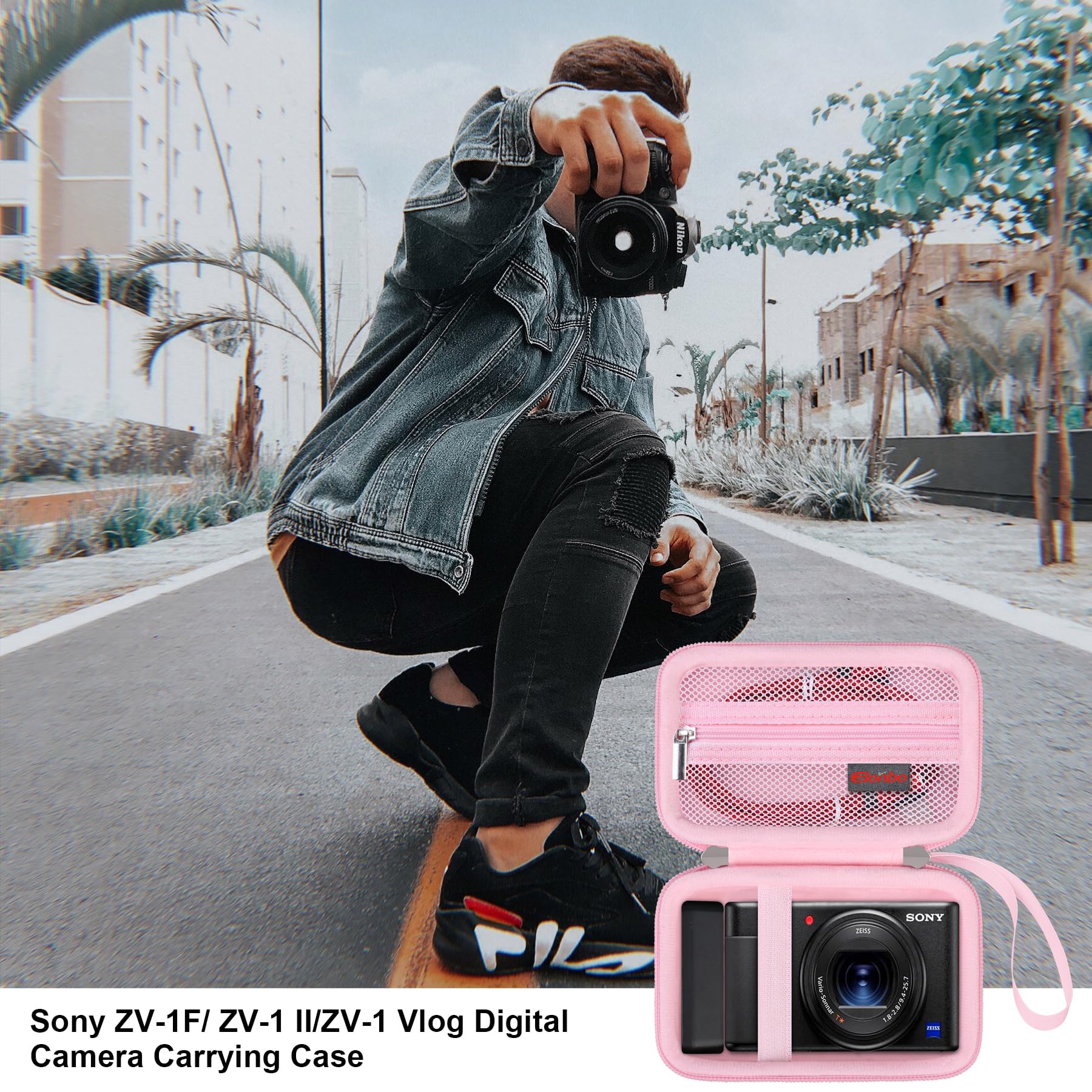 Elonbo Carrying Case for Sony ZV-1F/ ZV-1 II/ZV-1 Vlog Digital Camera for Content Creators, Sony ZV1 Vlogging Camera Hard Travel Bag, Mesh Pocket fits Battery Card Reader Cable, Pink